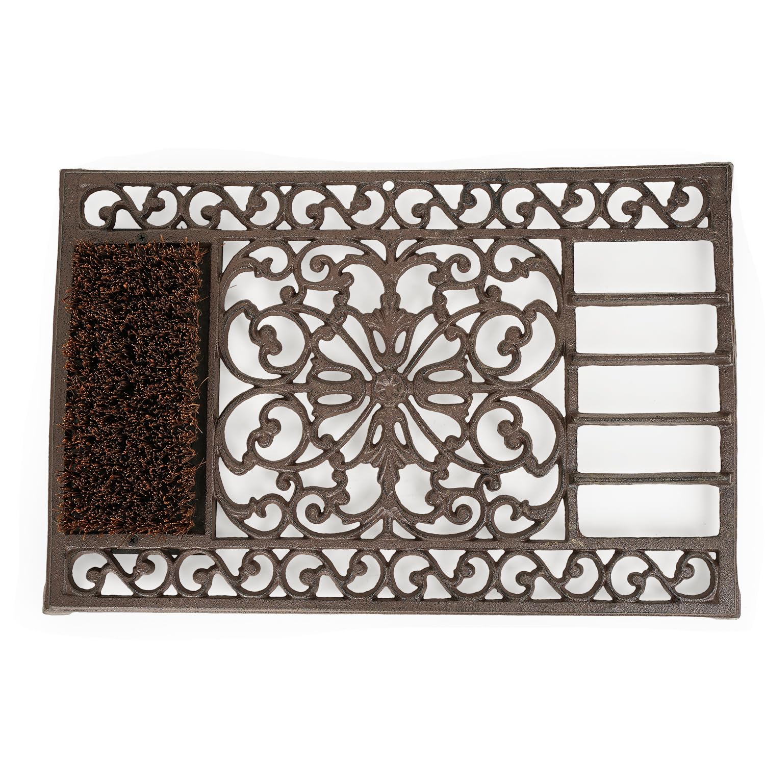 Condition photo showing New/Like New for Sungmor Outdoor Cast Iron Doormat, Vintage Boot Scraper with Brushes, Rustic Brown Rectangle Shoe Scraper Mat, 22.8" Heavy Duty Decorative Shoe Cleaning Mat for Front Door, Entrance, Garden