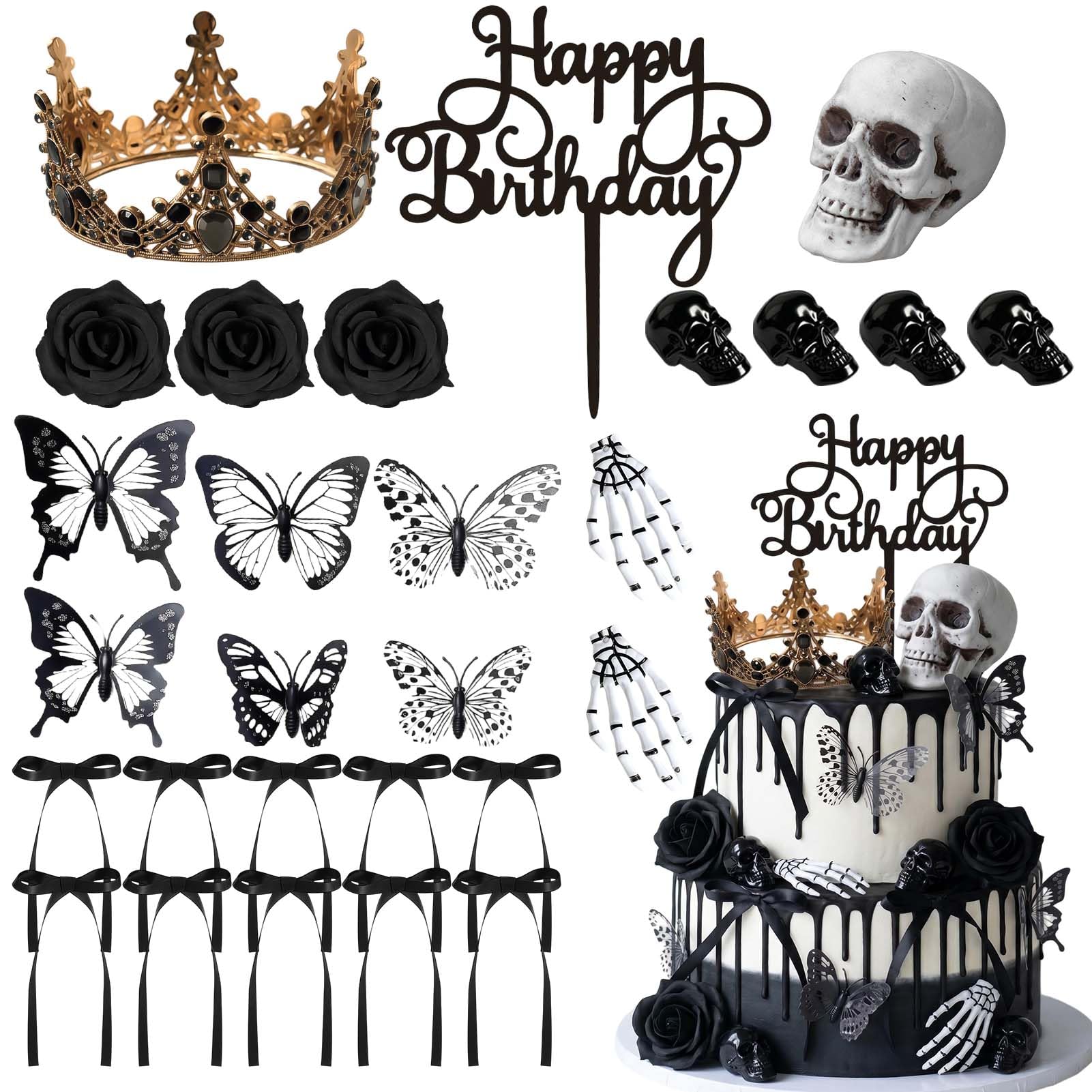 Gothic Cake Decorations 28PCS Death &Black Cake Toppers with Red Black Rose, Skull, Butterfly Cupcake Toppers for Goth Birthday, Wedding, Halloween