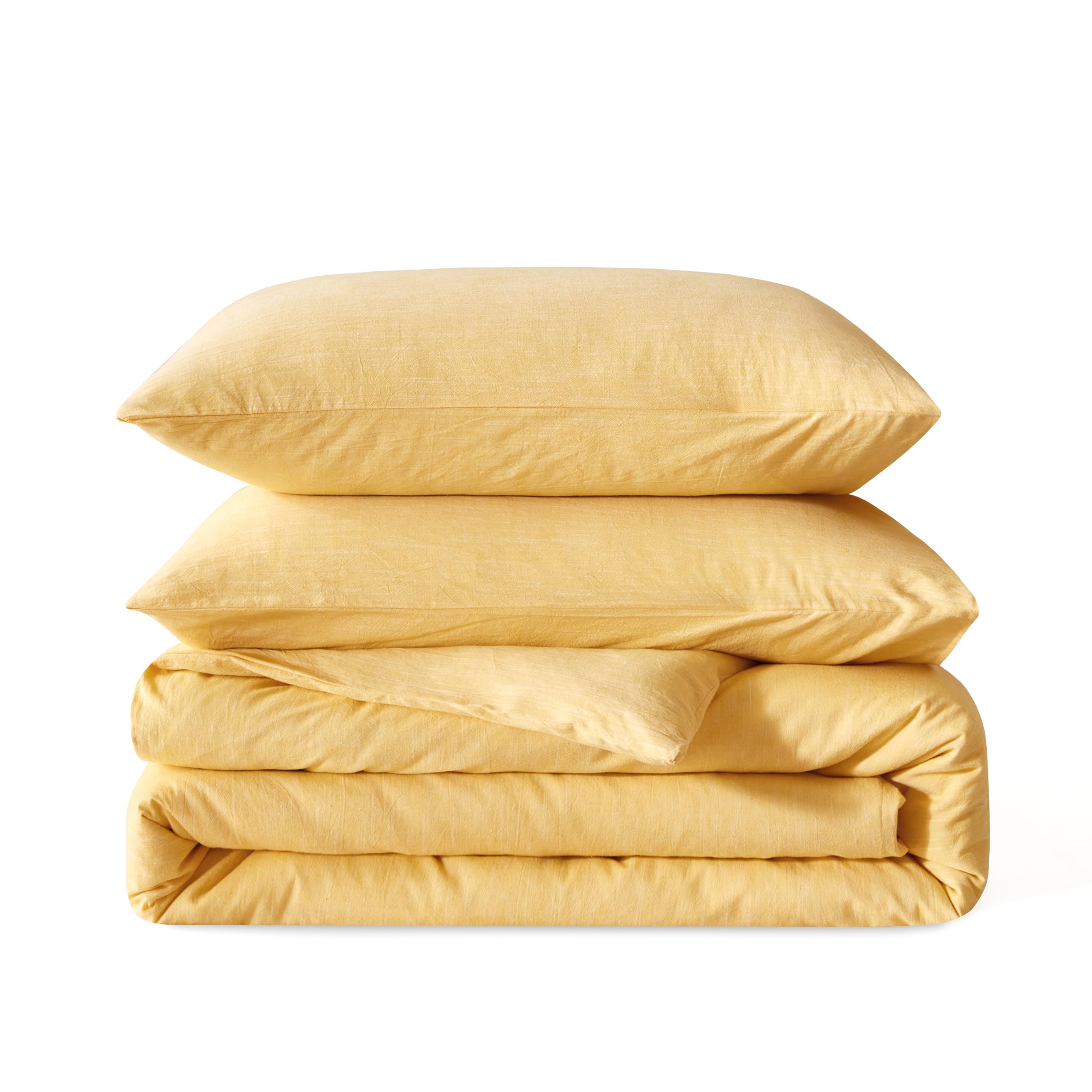 BFS HOME Linen Duvet Cover King Size - Soft Breathable Cotton Linen Blend, 3-Pieces Bedding Set with 2 Pillowcases, Stonewashed Texture, Mustard