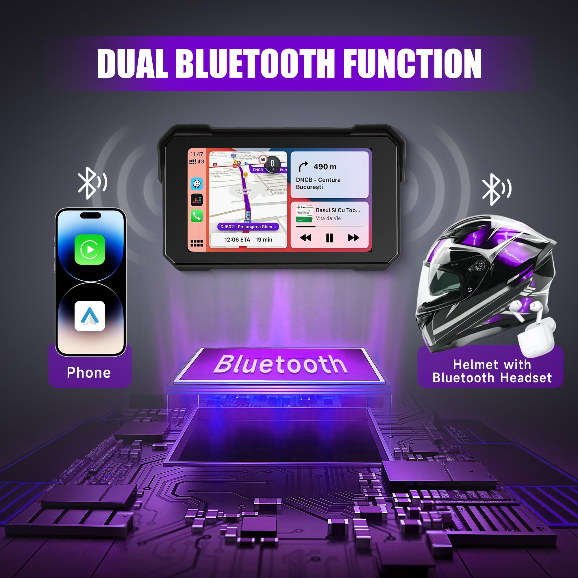Rimoody Carplay Senza Fili Schermo per Moto 5 Pollici Touchscreen Autoradio Portatile per Moto, IP68 Impermeabile con Android Auto Bluetooth Rilevamento Della Pressione Degli Pneumatici 12V