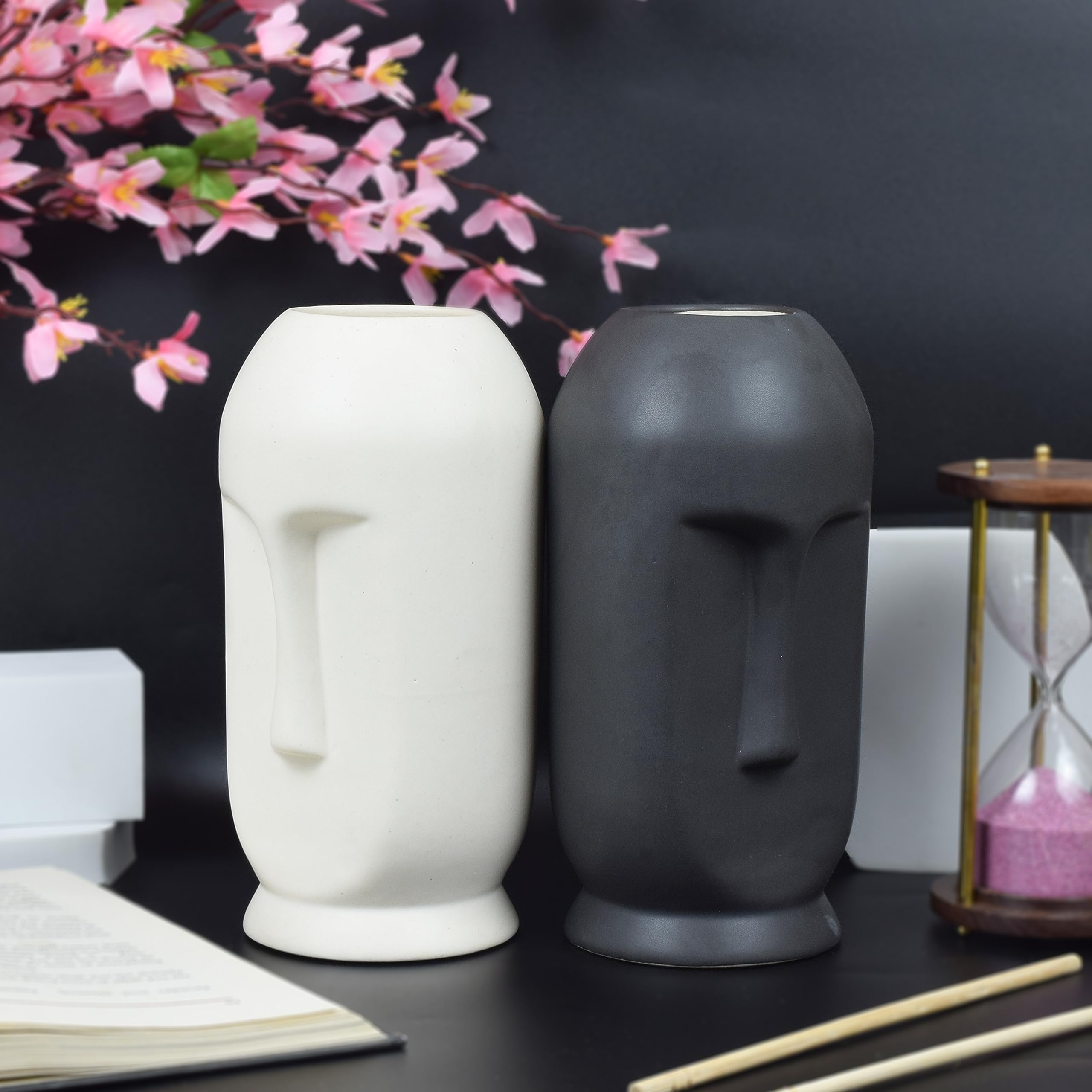 KANSAL'S Handcrafted Ceramic Vase Set of 2 | Unique Face Shape Design for Home Décor | Versatile Planter, Flower Pot & Showpiece | Ideal for Center Table, Bedroom & Side Corners Decoration (19.5 Cm, Medium)