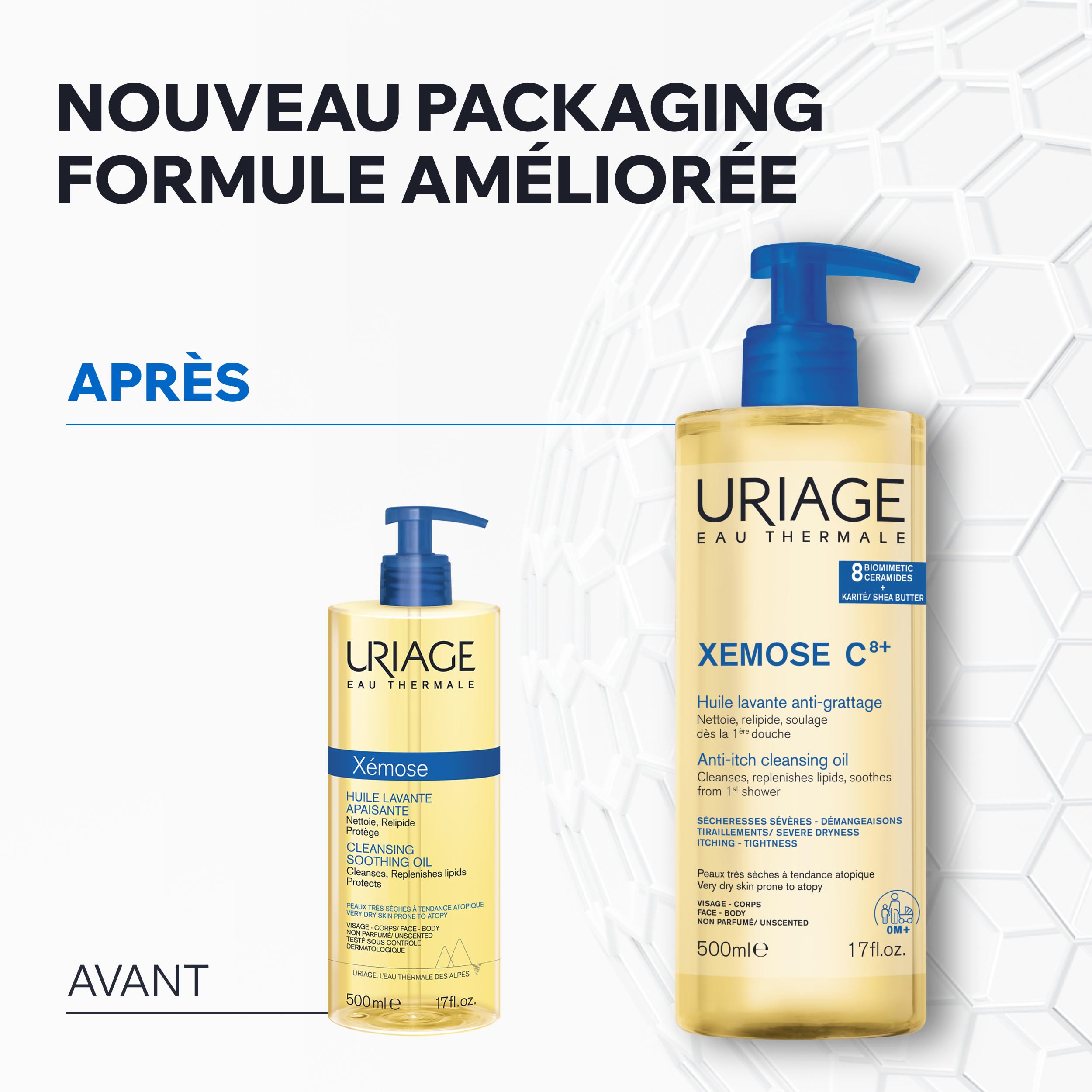 Uriage Xemose C8+ Huile Lavante Peau Sèche à Tendance Atopique - Nettoie et Apaise les Démangeaisons - Moussant et Nourrissant - Visage & Corps - Non parfumée - Sans Savon - pH physiologique - 500ml