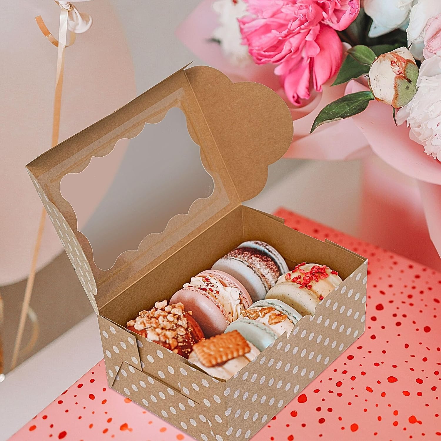 Polka Dot Cookie Boxes - 12 Pack - Brown with White Polka Dots Bakery Gift Box with Window - for Pastries, Cupcakes, Strawberries, Macarons, & Treats - Large Size Easily Fits a Dozen Cookies - 12 pcs