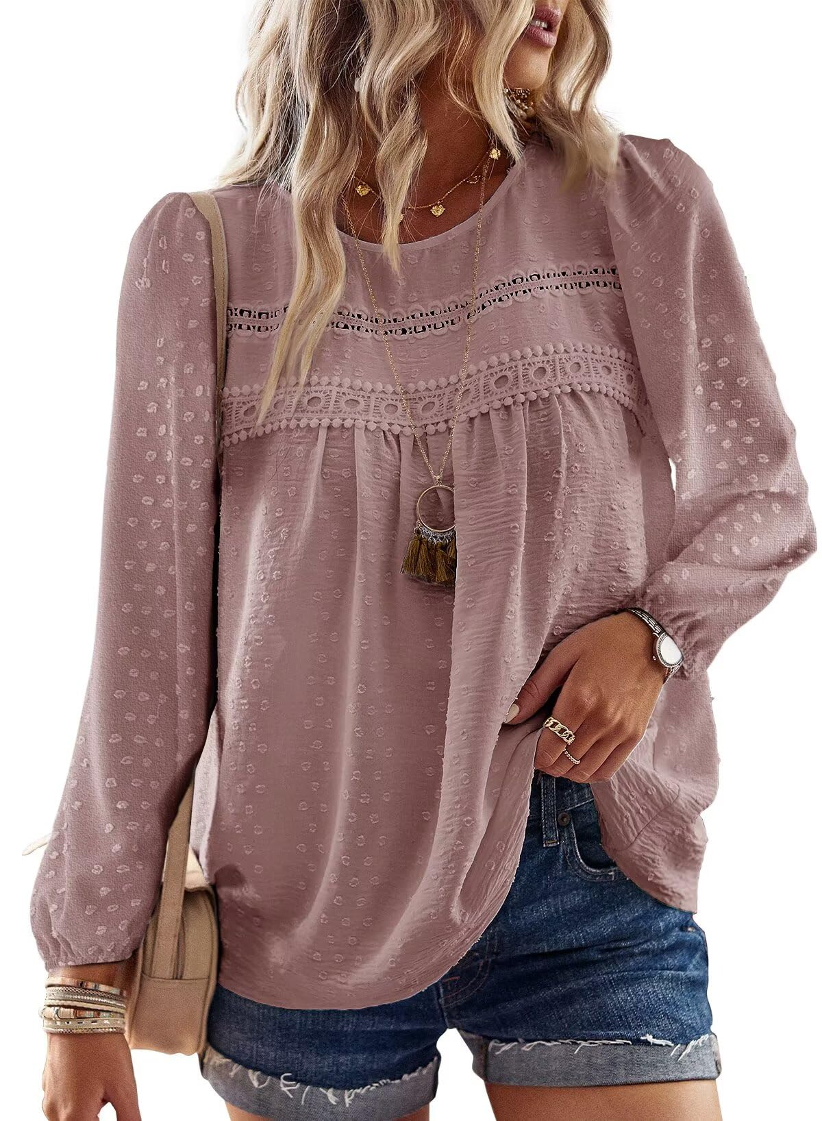 Falechay Boho Tops for Women Long Sleeve Shirts Crewneck Flowy Womens Blouses Dressy Casual Lace Hem Clothing Trendy 2026