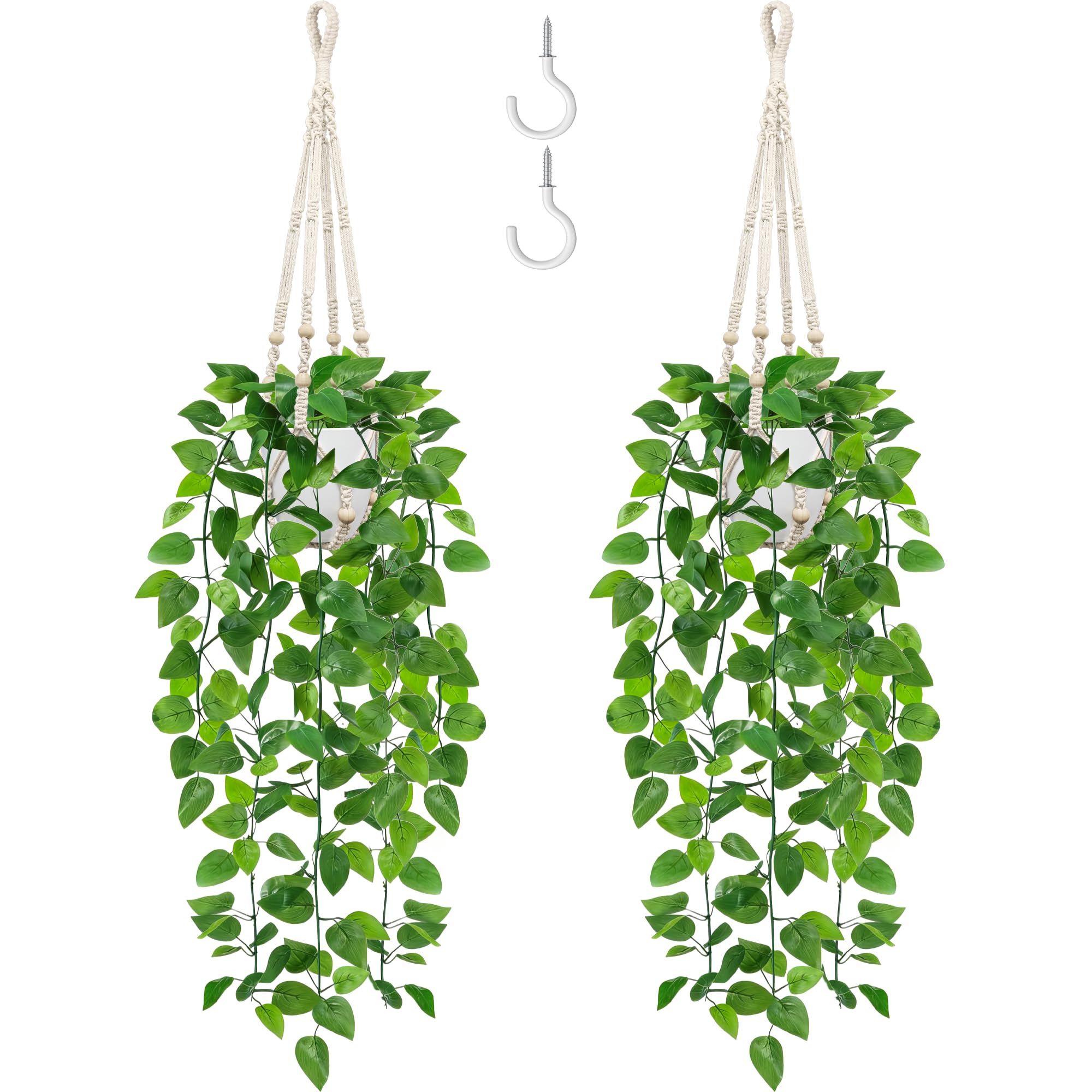 Photo 1 of USLAI Fake Hanging Plant, Artificial Pothos Vines Greenery with Pot and Macrame Plant Hanger for Indoor Outdoor Boho Decor