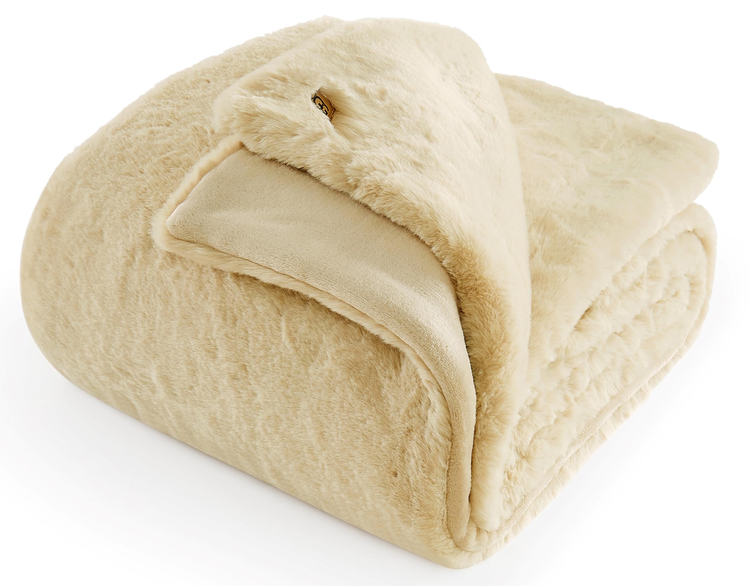 UGG 16798 Euphoria Plush Faux Fur Reversible Throw Blanket for Bed Couch Luxury Hotel Style Fuzzy Fluffy Soft Luxurious Cozy Home Decor Machine Washable Easy Care Blanket, 50 x 70-Inch, Bone