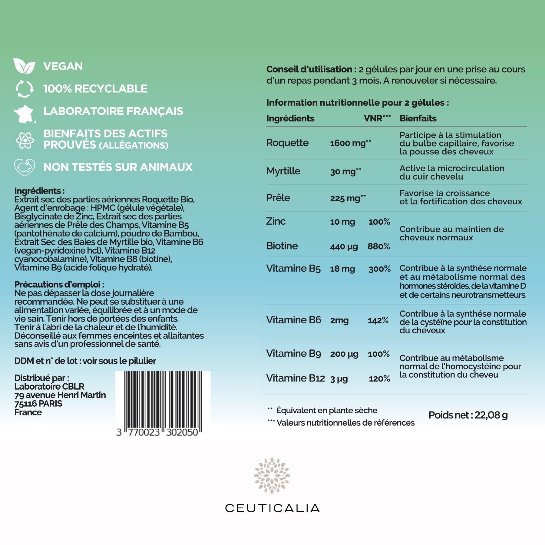 Complément Alimentaire Cheveux - Pousse, Anti Chute, Repousse, Croissance, Brillance, Fortification - Homme, Femme - Biotine, Vitamines, Zinc, Roquette, Myrtille, Prêle - 180 Gélules, 90 Jours