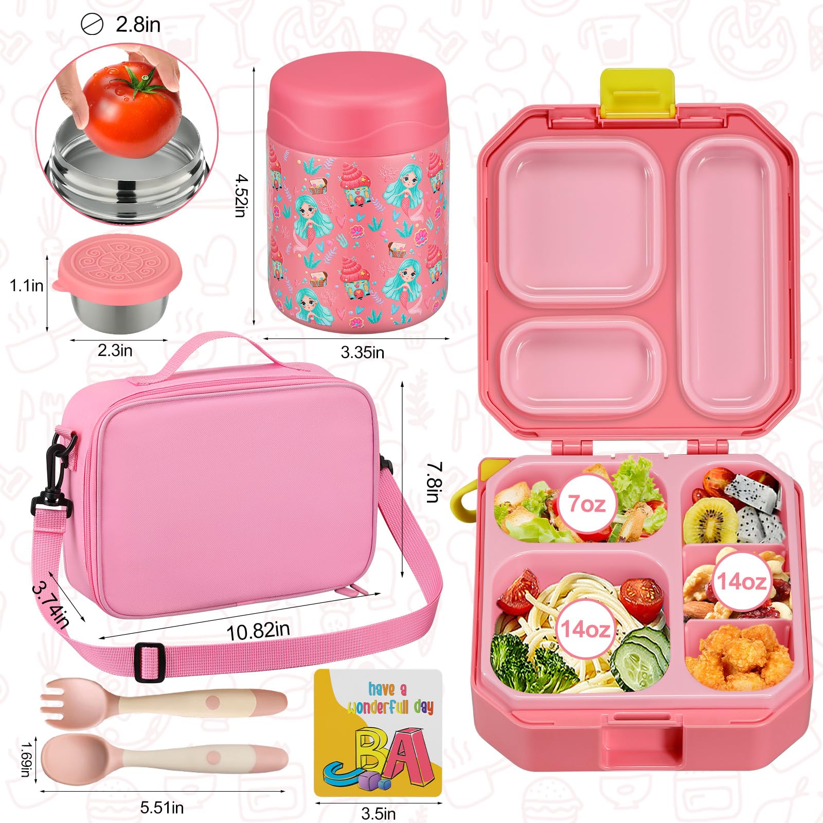 wiwens Juego de lonchera Bento para niños con recipiente térmico de sopa de 12 onzas a prueba de fugas con 5 compartimentos, tarro térmico de comida caliente y bolsa de almuerzo aislada para niños