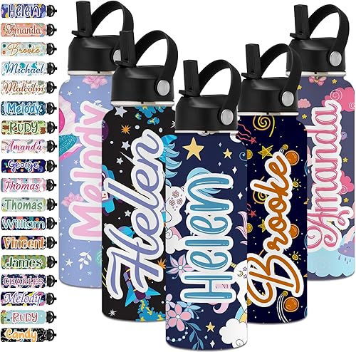 Botella de agua aislada personalizada para niños, botella de agua personalizada con nombres, botella de agua de acero inoxidable con tapa de popote