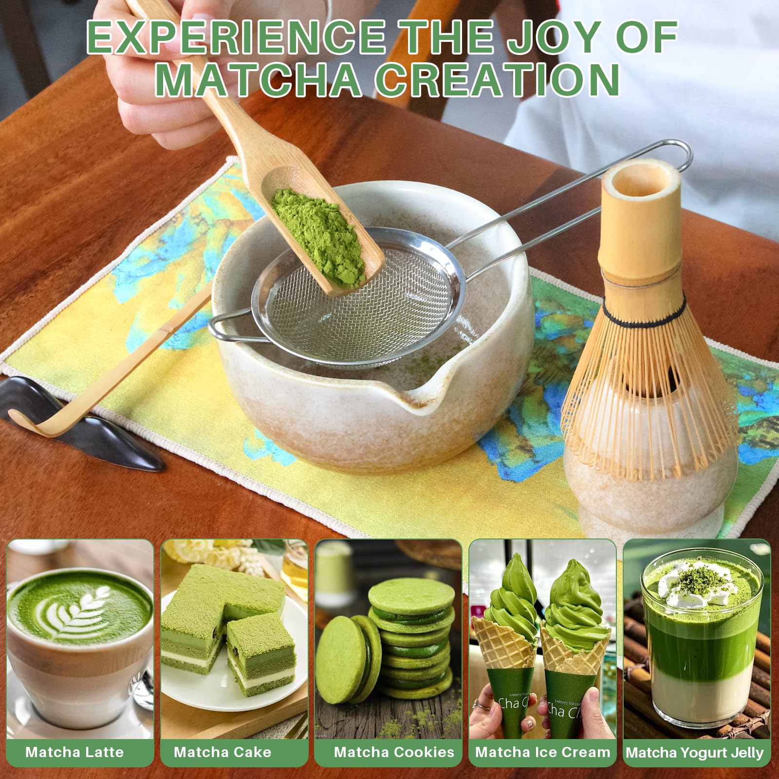 Matcha Kit 8 Piezas - Kit Té Matcha Completo con Tazón de Matcha con Pico, Batidor de Bambú (Chasen) y Accesorios Completos, Perfecto para Ceremonias Japonesas y Lattes Caseros (Blanco) — view 3
