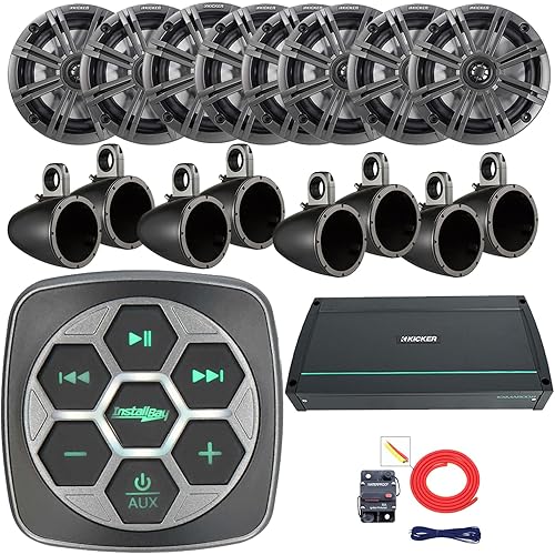 KICKER Marine Bluetooth 3-Zone Controller, 8X 6.5 195W Max 4-Ohm Coaxial Speakers W/Charcoal and White Grilles, 8X Single Tower Speaker Enclosures, 800W 8-Channel Class D Amplifier W/Kit
