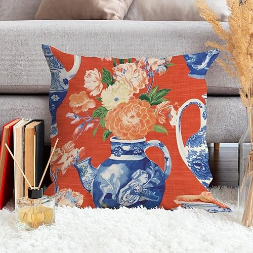 Miniatura 4 de ArogGeld Funda de cojín para sofá, jarrón chinoiserie Ming, color naranja, diseño de flores de jardín oriental, tarro de jengibre, almohadas