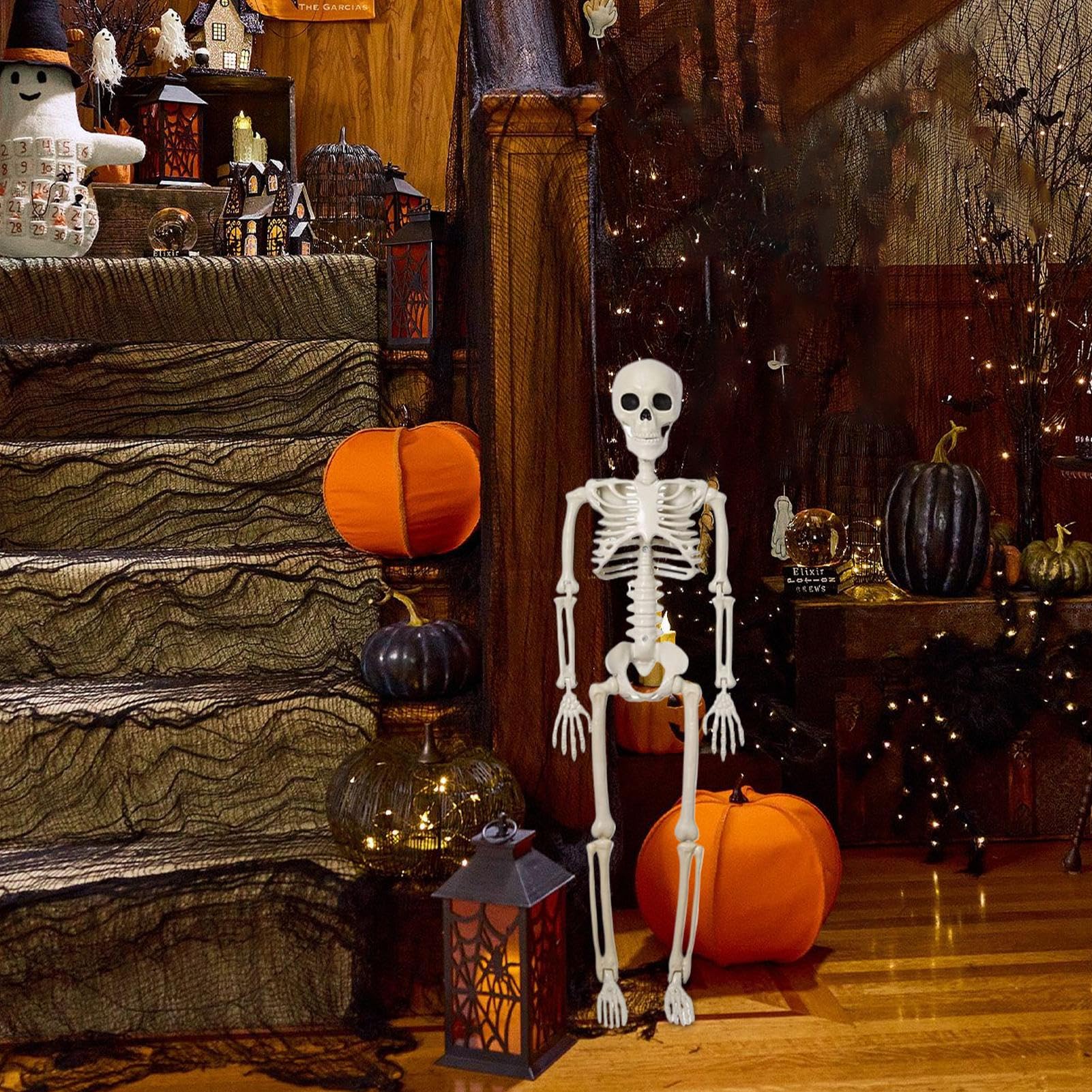 Dekoracja szkieletu – naturalnej wielkości Halloween szkielet dekoracja z ruchomymi przegubami – straszna czaszka ozdoba na grób do domu duchów, ogrodu, dekoracja stołu, na imprezę