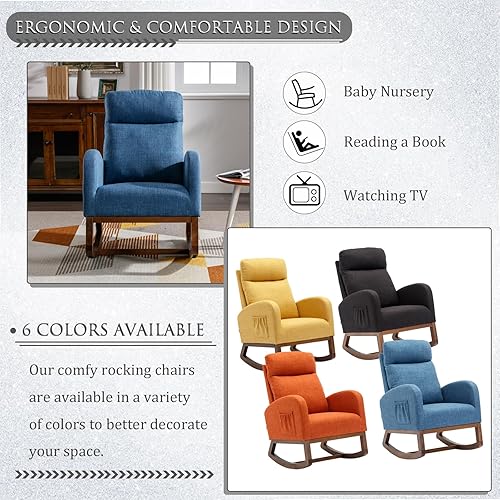 Miniatura 6 de Cómoda mecedora para guardería, mecedora acolchada con bolsillo, sillón decorativo con reposacabezas y base de madera maciza, moderna silla de sala