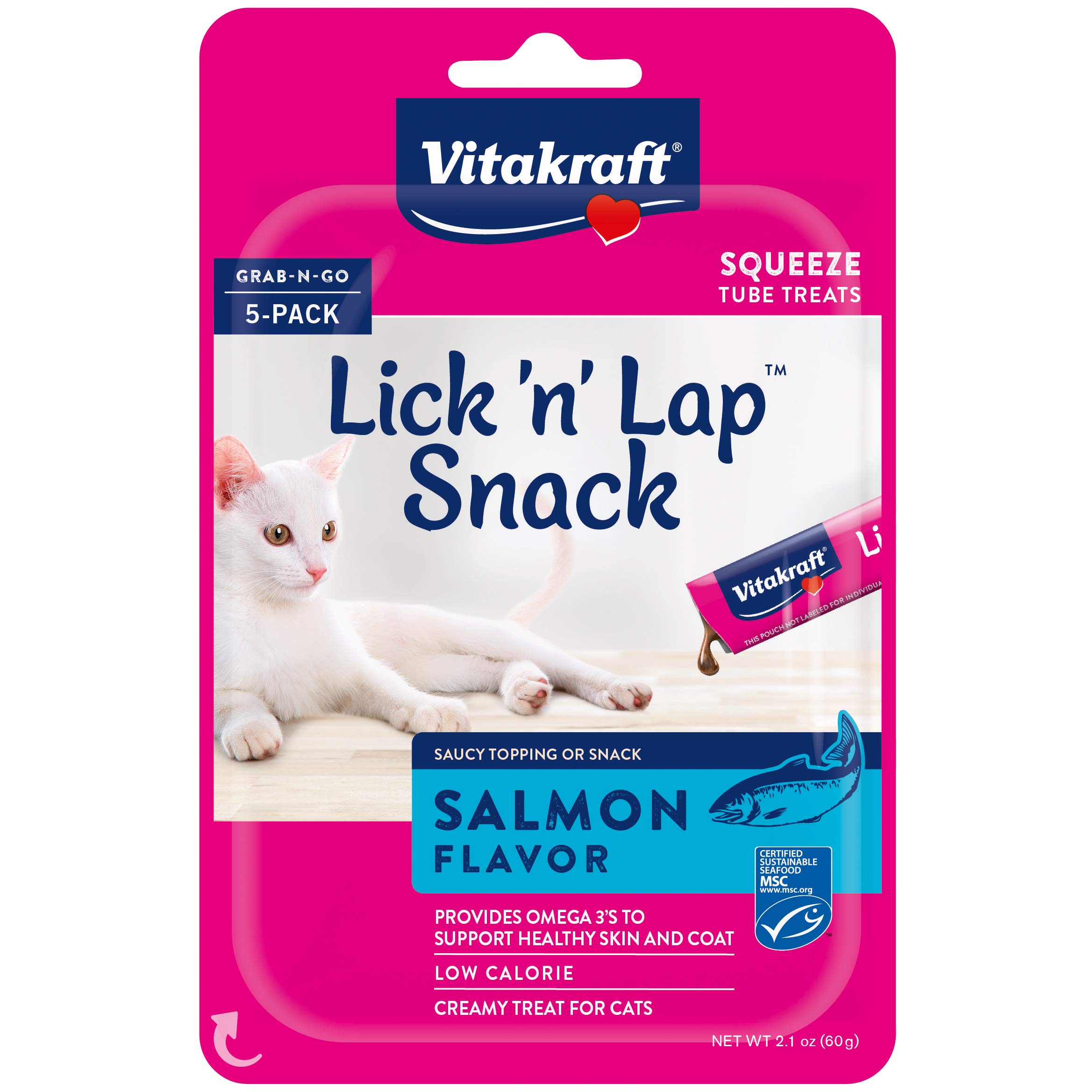 Vitakraft Lick 'n' Lap Flavor Creamy Treats for Cats, Low Calorie, Grab-n-Go Squeeze Tube Treats or Saucy Food Topping, 5 Pack