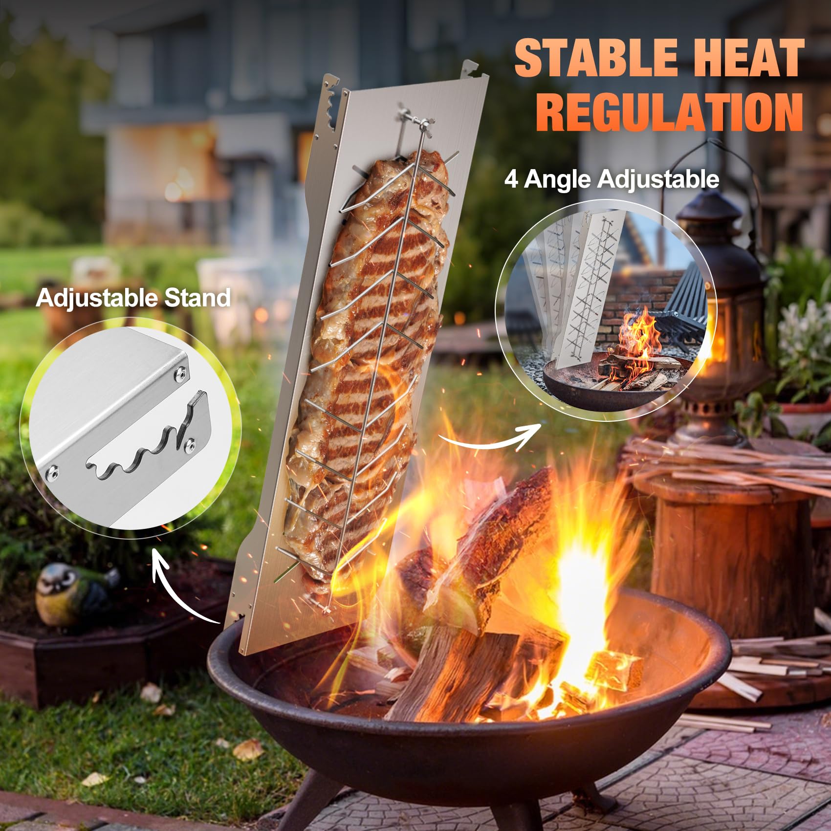 onlyfire Flammlachsbrett Edelstahl, Extra Breit 19cm Flammlachshalter, Lachsbretter zum Grillen Feuerschale und Kugelgrill, Robustes Lachsbrett, 180° Drehbar, Groß Flammlachs Halterung