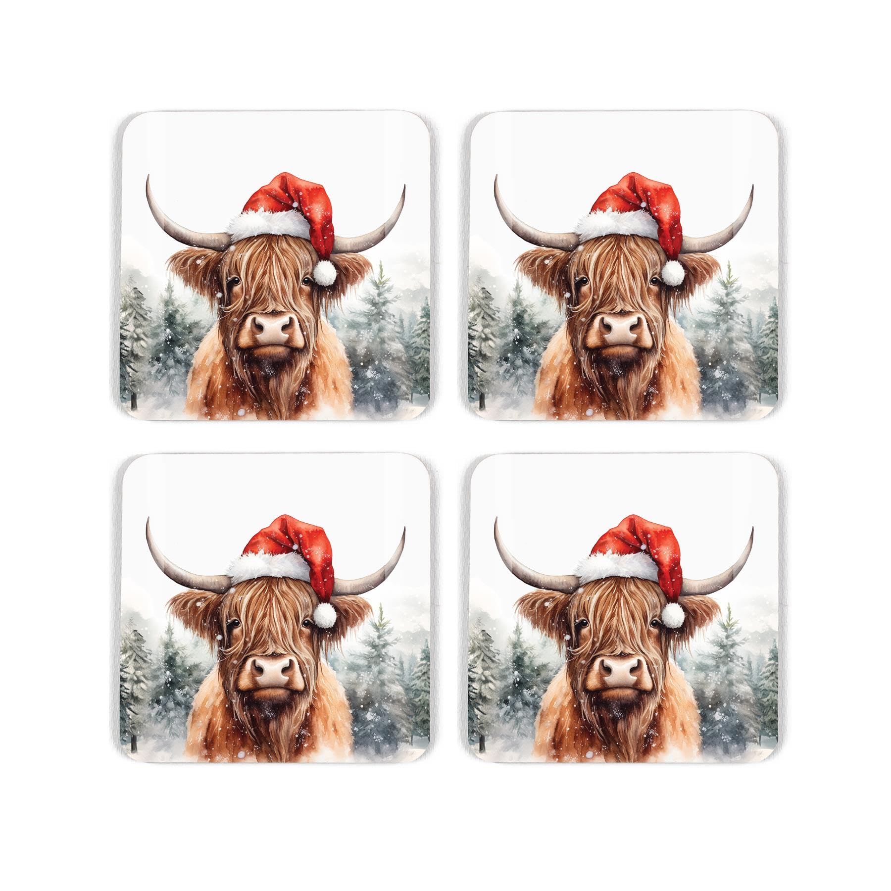 Purely Home Brown, Red Highland Cow Christmas Coaster Set - Festive Cow Xmas Present - Set Of Four (4) Square Drinks Coasters