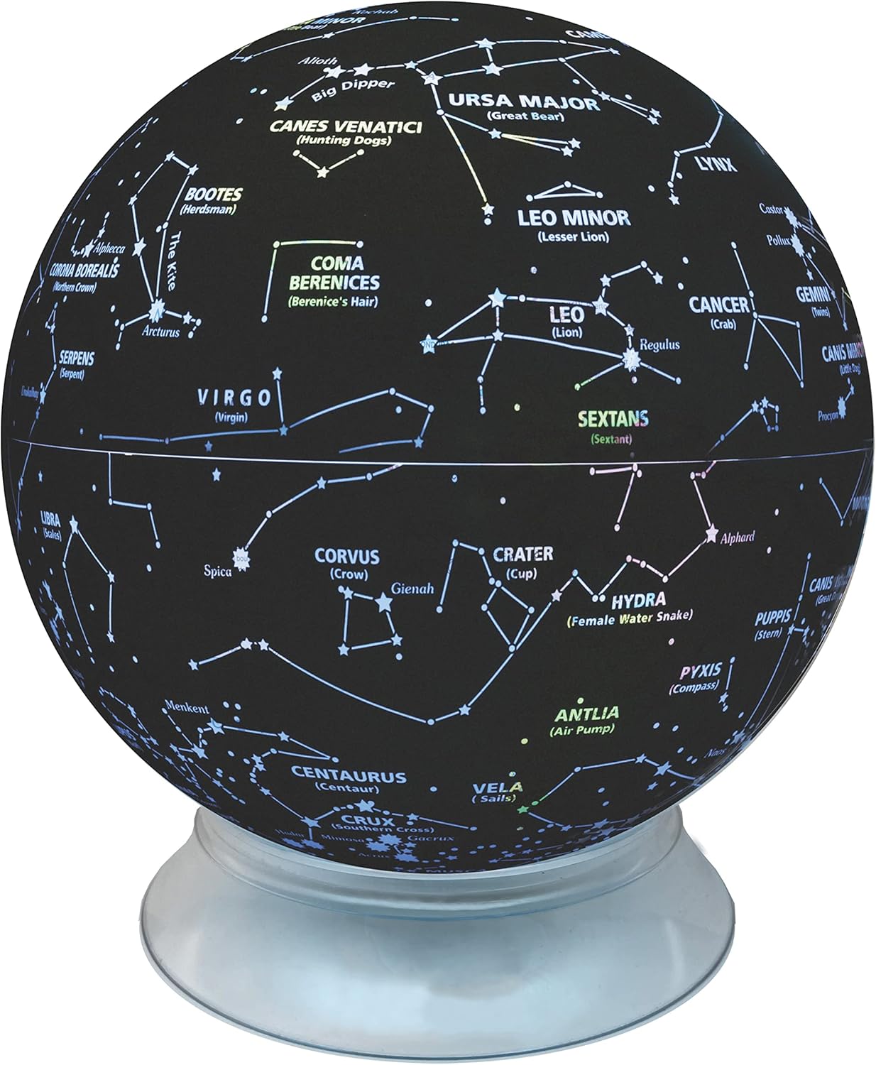 Day/Night Illuminated 12" Diameter Augmented Reality Kids Globe with Free Mount Base, Two way Map and Touch Light Control. The Day globe shows the striking colors of a blue ocean political map with 100 of drawings of ocean life, people, landmarks when not lit. Turn the light on and witness the incredible change to the sky at night. The Night globe names and shows 88 constellations and more than 35 of the brightest stars.