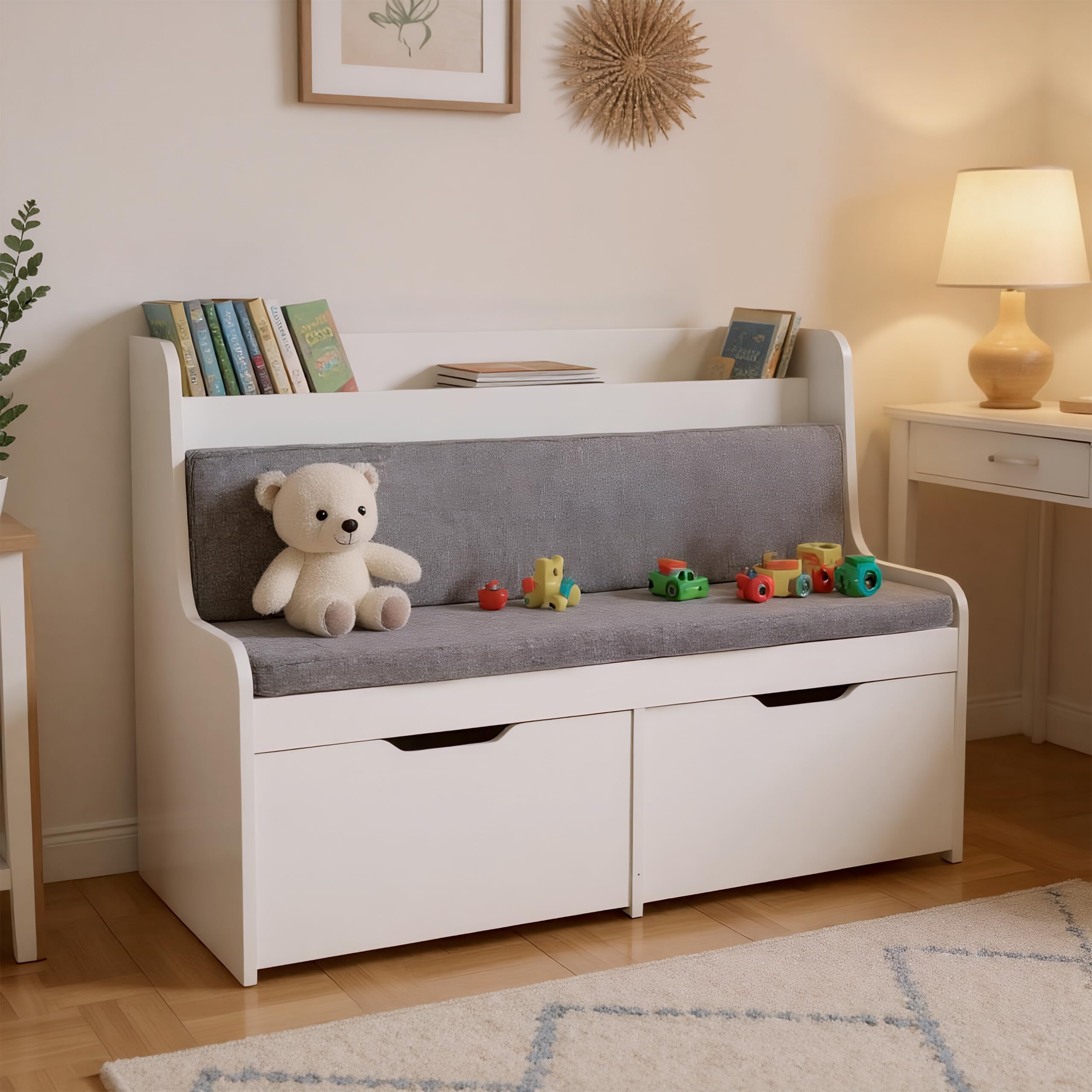 Panca per Bambini Relaxdays con Spazio per riporre, HxLxP: 70 x 100 x 45 cm, 2 cassetti, Bianco/Grigio