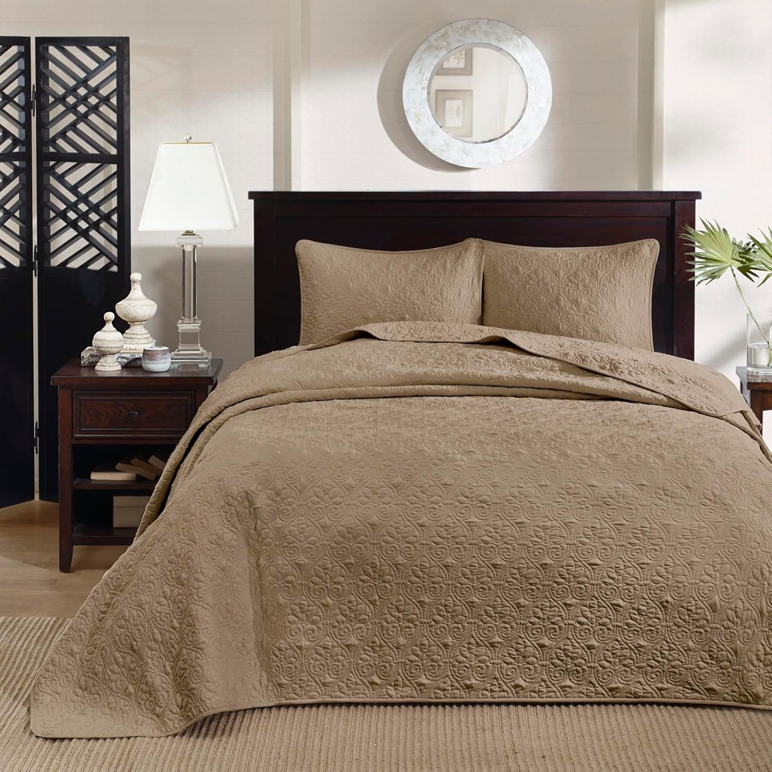 Madison Park Quebec Reversible Quilt Set Damask Design, Double Sided Stitching All Season, Lightweight Bedspread Bedding Set, Matching Sham, Khaki, King(120"x118") 3 Piece Khaki/ Dark Grey King