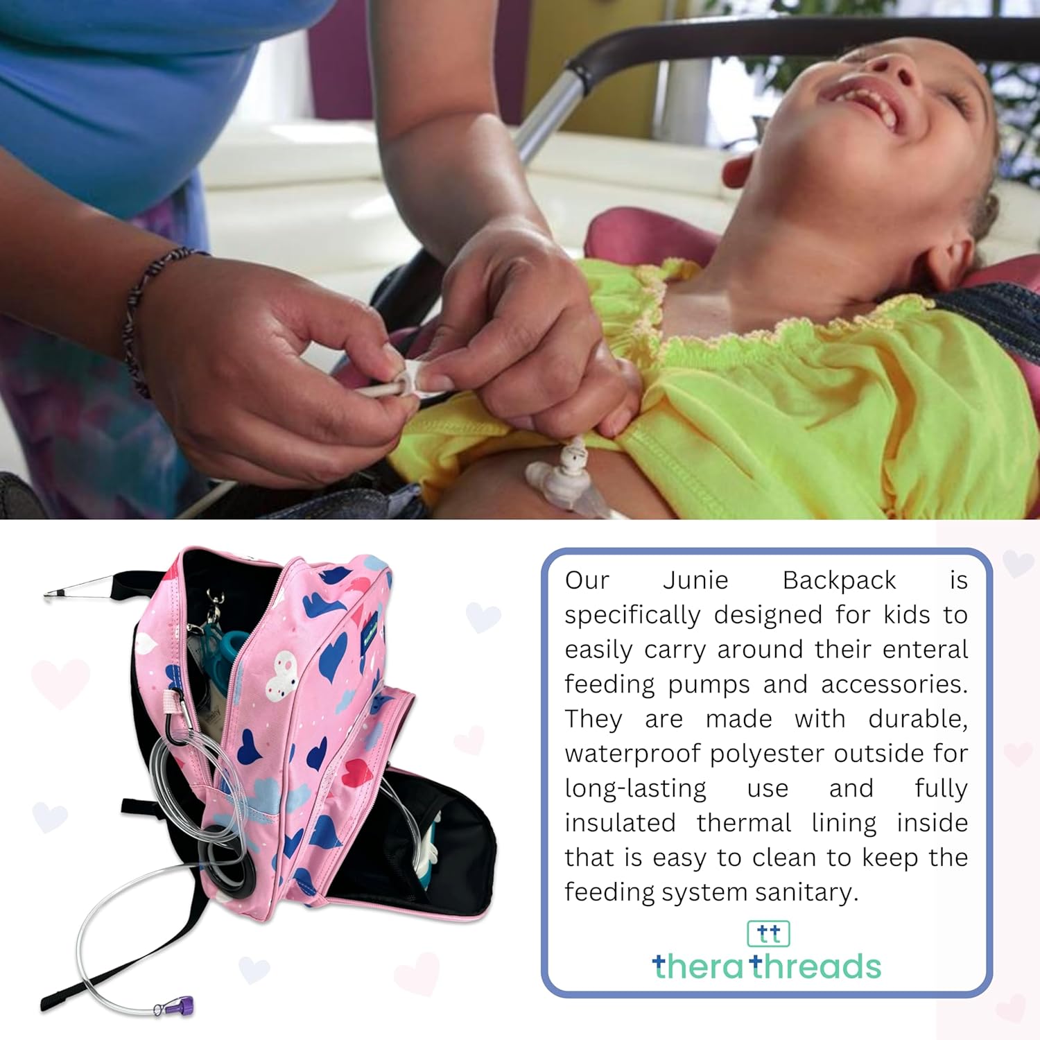 Junie Feeding Tube Backpack for Kids Enteral Feeding Pumps (EnteraLite Infinity and Kangaroo Joey), G Tube, J Tube, GJ Tube, PEG Tube Bag fits 500mL to 1L Capacity Bags (Hearts)