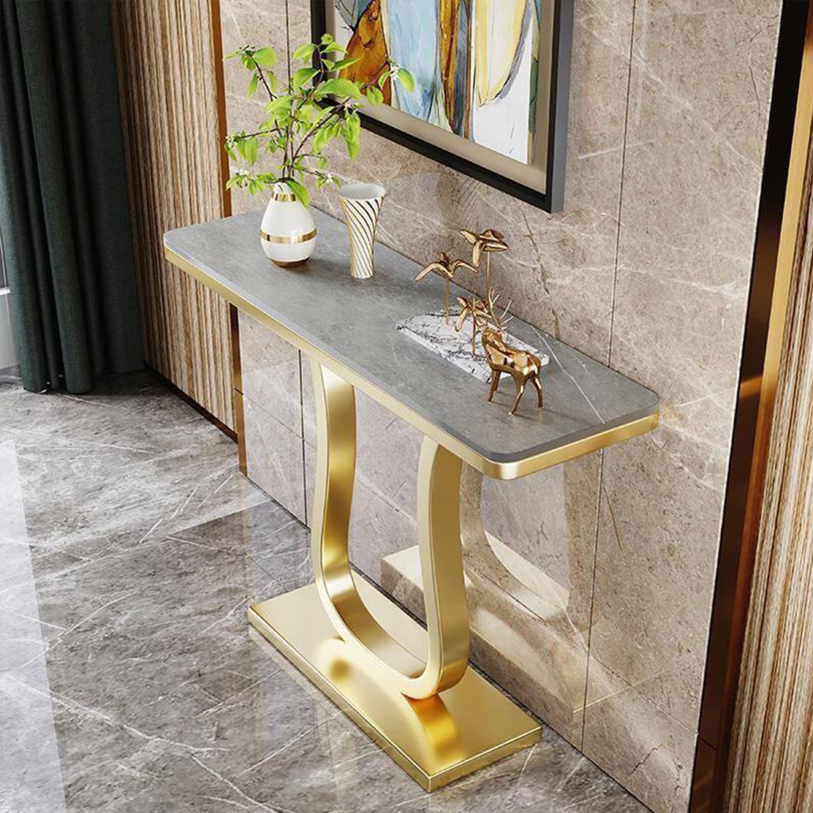 Mesa consola de piedra sinterizada gris de 80cm para pasillo con estructura de hierro