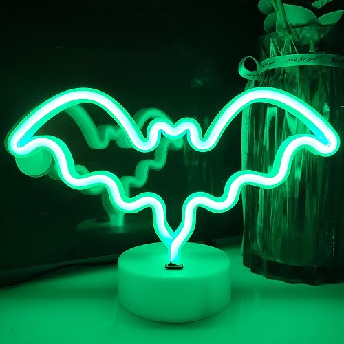 JYWJ Bat Neon Sign with Holder Base,USB or 3-AA Battery Powered Neon Light,LED Desktop Wall Decoration,Various Parties,Decoration of Business Premises(Green) - Green