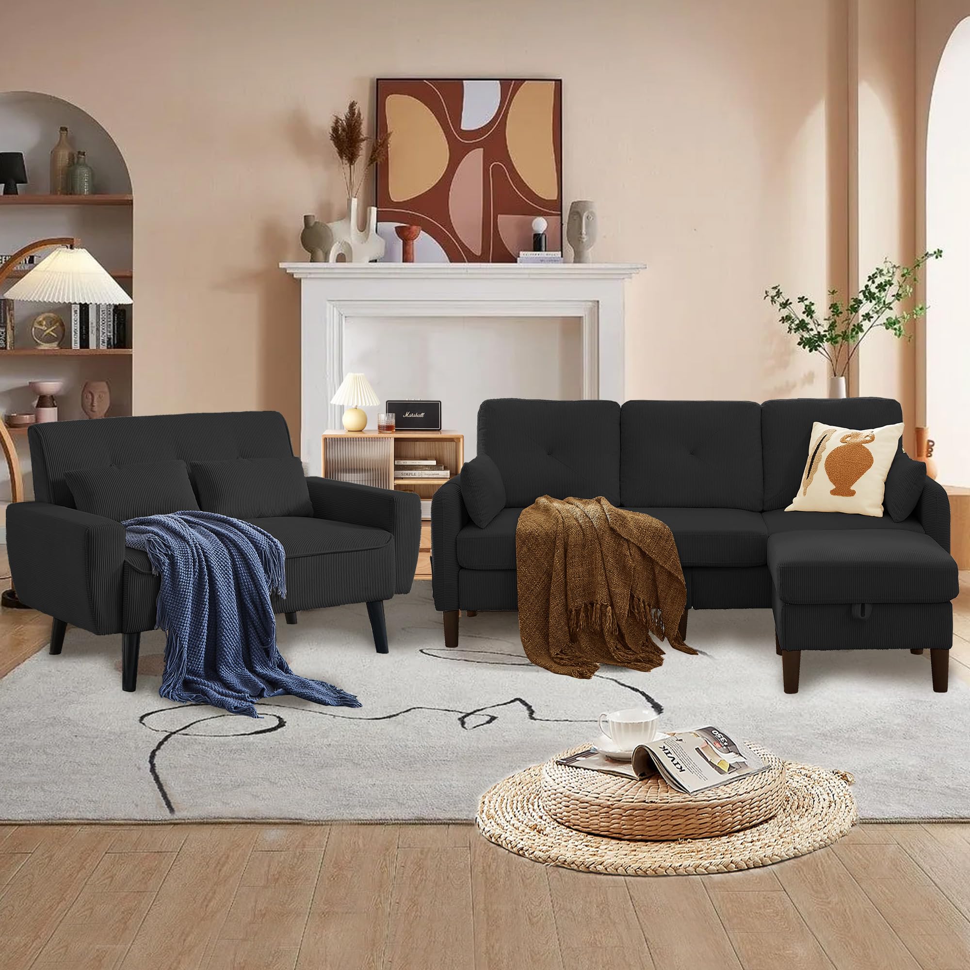 3 Piece Corduroy Sofa Set with Storage Ottoman &amp; Loveseat, L Shaped Sectional Couch with Side Pockets, Convertible Living Room Furniture Set for Small Space, Black