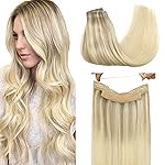 GOO GOO Wire Hair Extensions Human Hair, 17/22/60 Ash Blonde with Golden Blonde and Platinum Blonde Balayage 16inch 95g, Invisible Wire Hair Extensions with Transparent, Seamless Fish Line Hairpiece