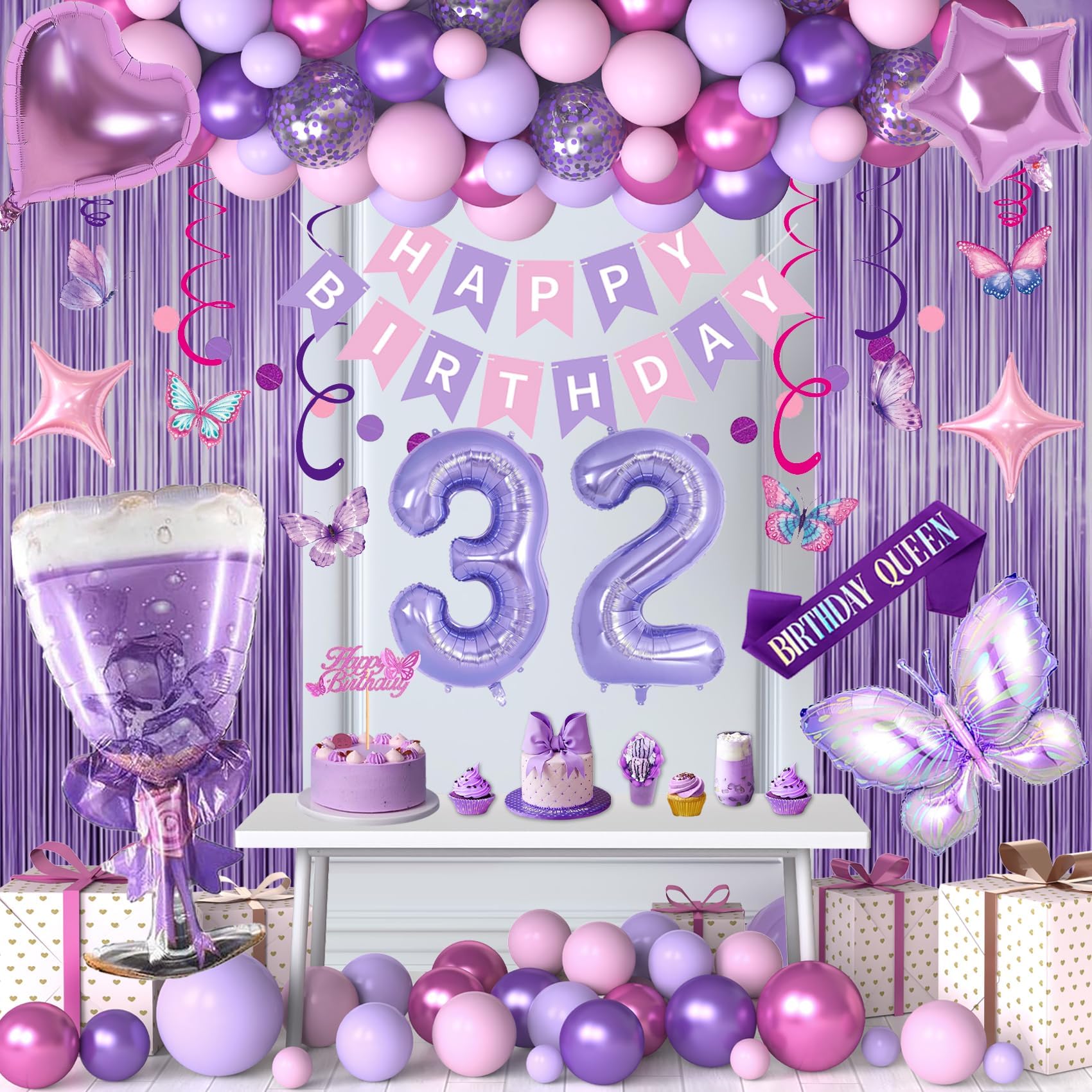 32nd Purple Birthday Decorations, Pink Purple 32nd Birthday Decorations for Women Girls Lavender Party Decor Set with Number Balloons, Foil Balloons,