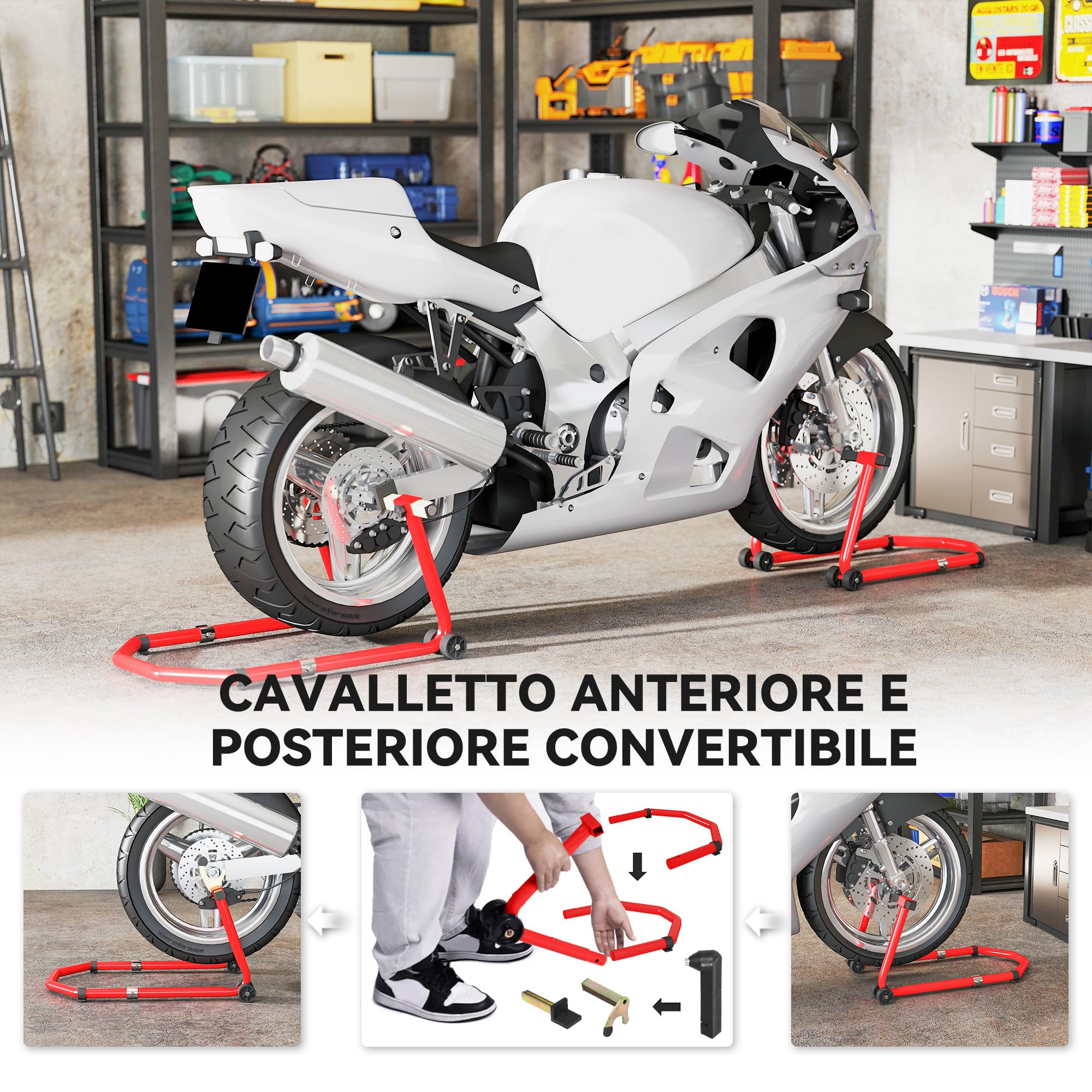 HOMCOM Cavalletto Moto Convertibile Anteriore Posteriore con Forcelle a U e L Supporto per Moto Regolabile Portata 390 kg dotato di Rotelle e Cuscinetti Antiscivolo per Officina e Garage Rosso