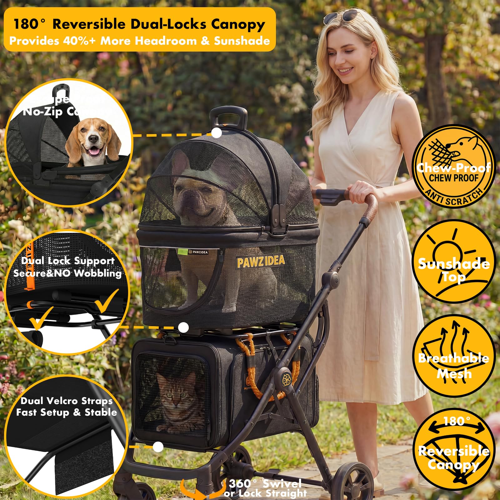 PAWZIDEA Double Pet Stroller with 2 Detachable Carrier, Lightweight Portable Travel Crate & Car Seat Combo & TSA-Approved Expandable Carrier, Foldable Jogger Stroller for 2–4 Cats or Small/Medium Dogs - image 2