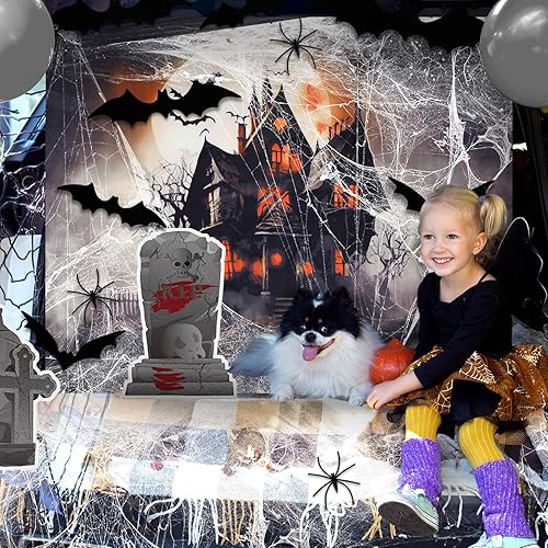 Miniatura 5 de Fulmoon Kit de decoración de Halloween para maletero o automóvil con calcomanía de lápida, telarañas, murciélagos, banderines de susto, lápida,