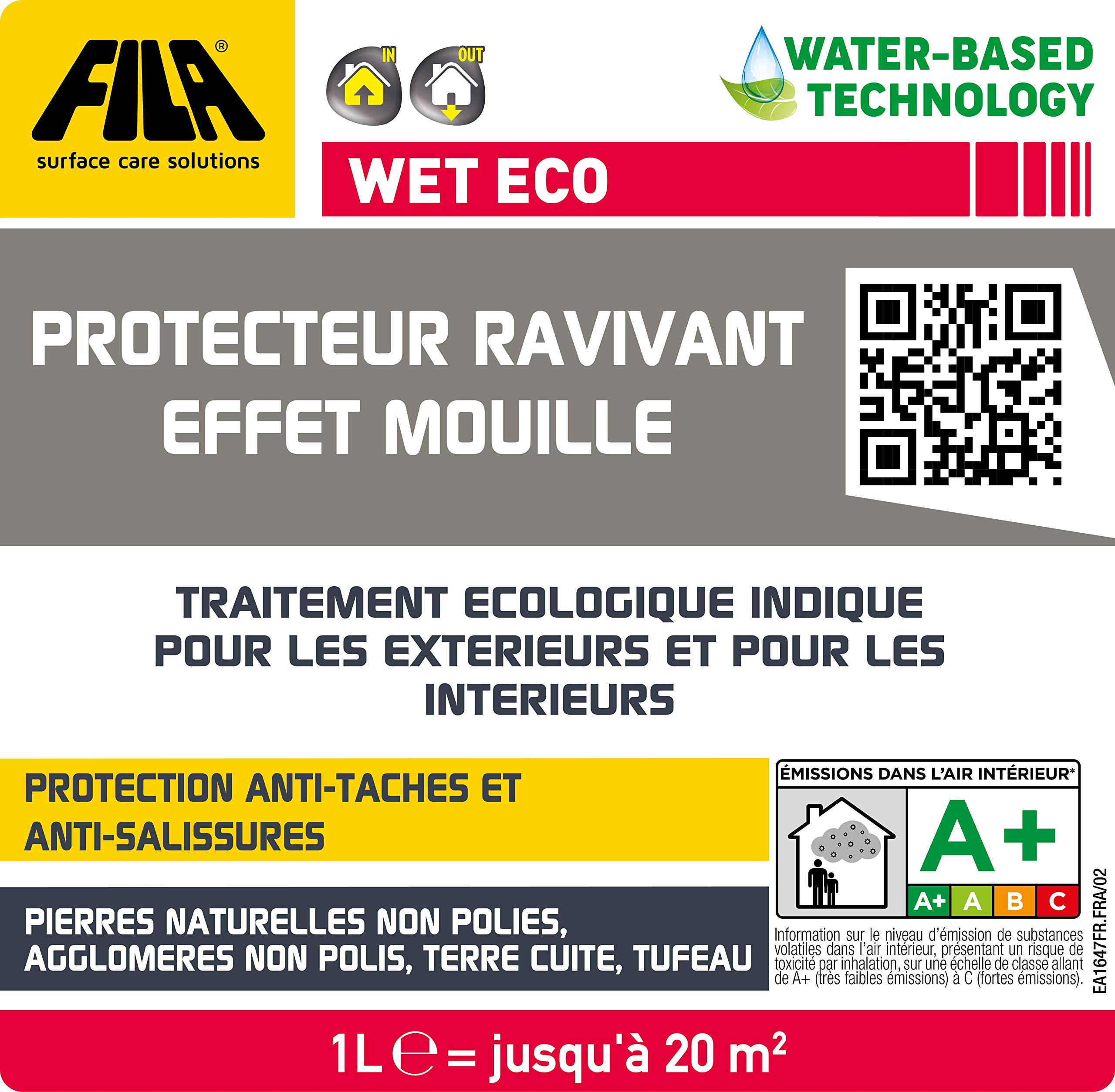 FILA Surface Care Solutions, WET ECO, Protector Reavivante Hidrofugo y Oleofugo, Efecto mojado, Superficies de Tierra, Piedra Natural, Agglomerados no brillantes, Interior y Exterior, 1L