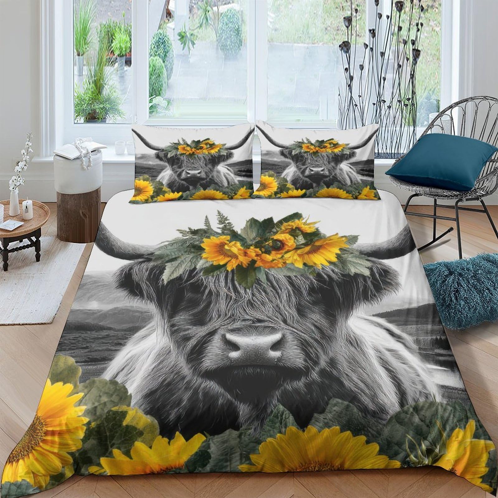 Ctjqhvkz Style-1 3D Printed Highland Cow Sunflower Fitted Sheet Microfiber Soft Anti-Slip Bed Cover For Bedroom Guest Room Decor Single（135X200cm）