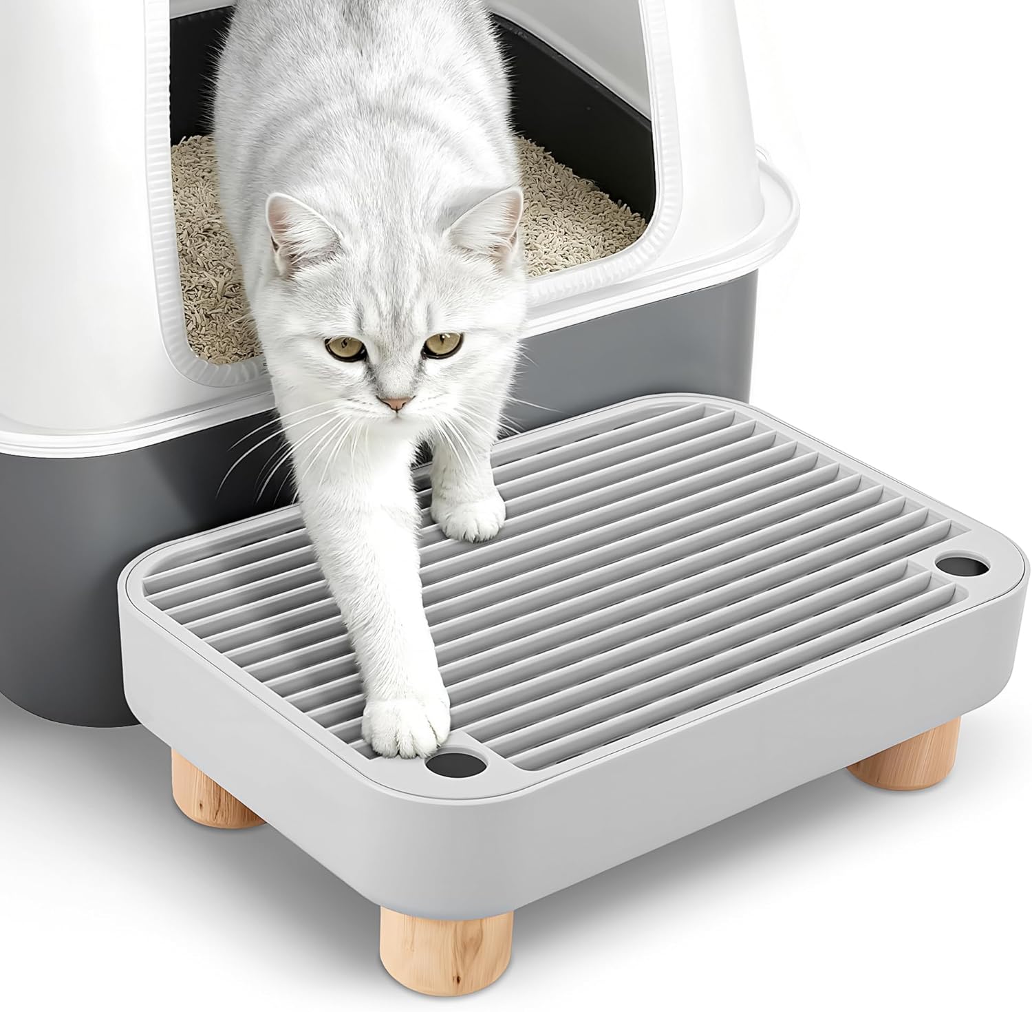 Cat Litter Box Ramp with Non-Slip Wooden Steps, Easy Access for Senior Cats, Kittens and Mobility-Challenged Pets, Helps Reduce Litter Tracking and Supports Safe, Stable Climbing (Grey)
