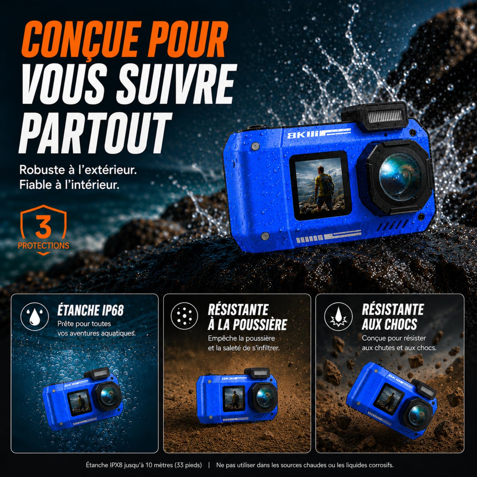 MaxMango D50 33FT Appareil Photo Numérique Etanche，8K 70MP Caméra sous-Marine avec 16 Go de Stockage, Double écran 18x, Résistante à la Poussière et Aux Chocs, Autofocus - Bleu