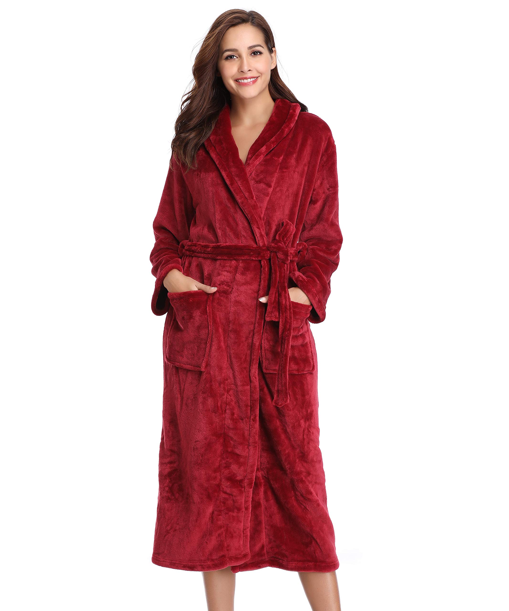 Vlazom Bata Mujer Invierno Polar Bata de Casa Señora Larga Albornoz Mujer Invierno con Cinturón(Vino Rojo,L)