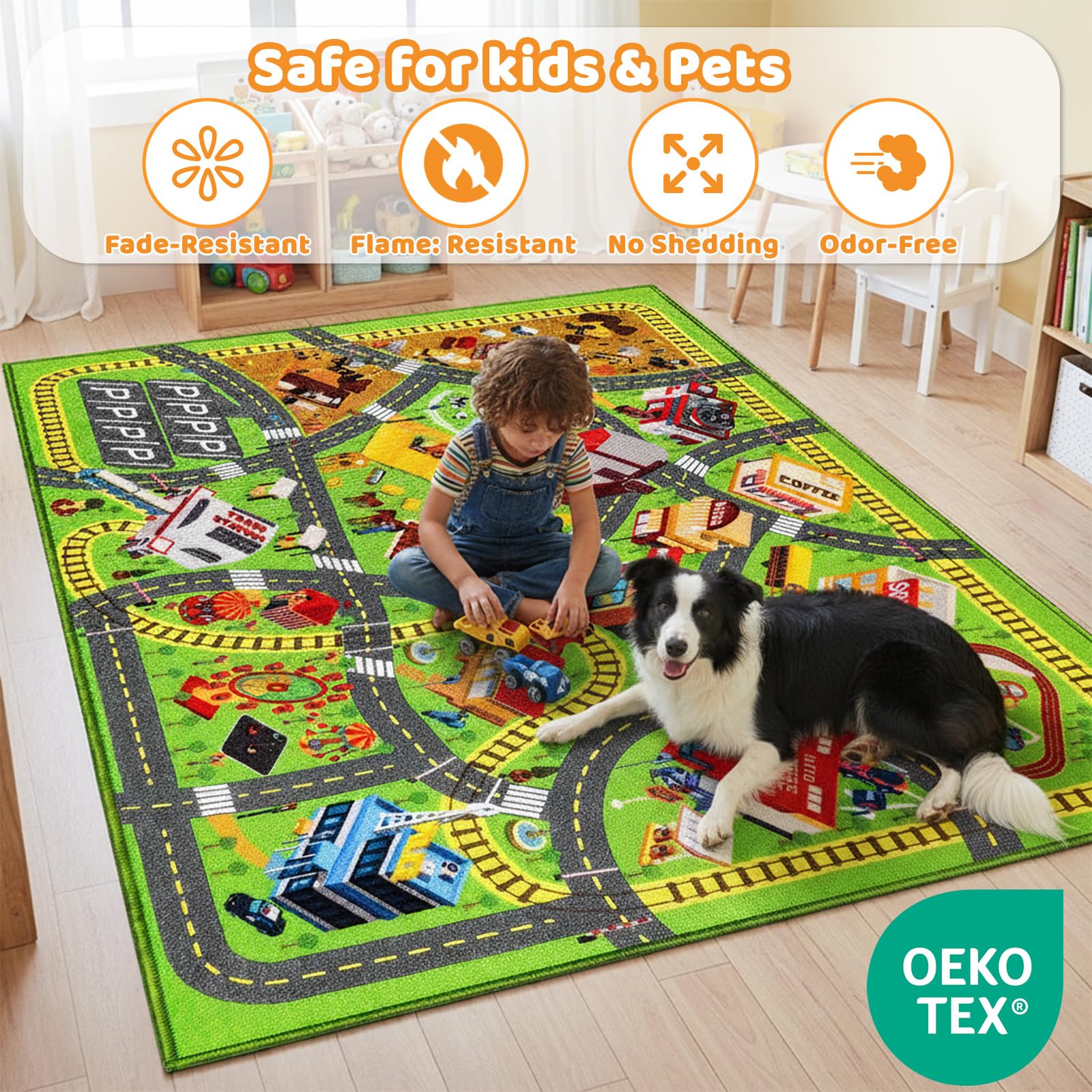 Spielteppich Kinder – Autoteppich mit Straßenmotiv, rutschfeste Spielmatte für Autos & Lastwagen, Kinderteppich für Spielzimmer, Schlafzimmer, Straßenteppich für Jun (3D-Straßenszene, 200X135 CM)