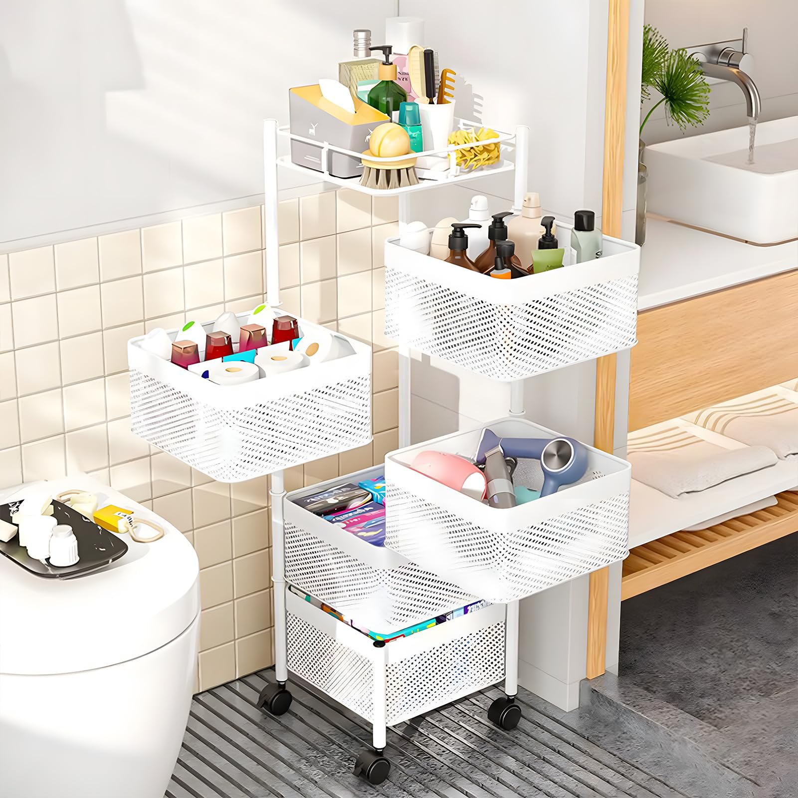 Huhote 4 niveaus, rond, keukenwagen, fruit met wielen, keukenrek, groenterek met wieltjes, fruitwagen, rolwagen, opbergwagen voor keuken, badkamer, woonkamer, kinderkamer (wit, 4 etages