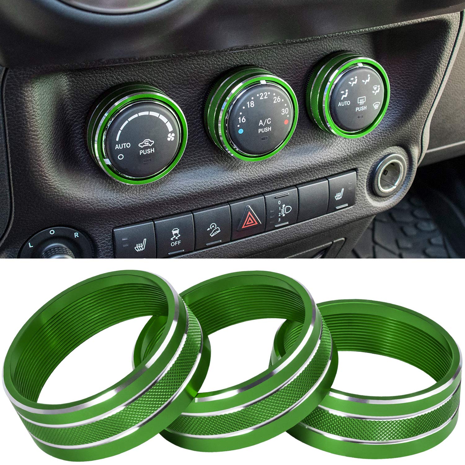 Audio Air Conditioning Button Cover Decoration Twist Switch Ring Trim for Jeep Wrangler JK JKU Patriot 2011-2018, Compass 11-16, Liberty 08-12, Dodge Challenger 08-14 Interior Accessories (Green