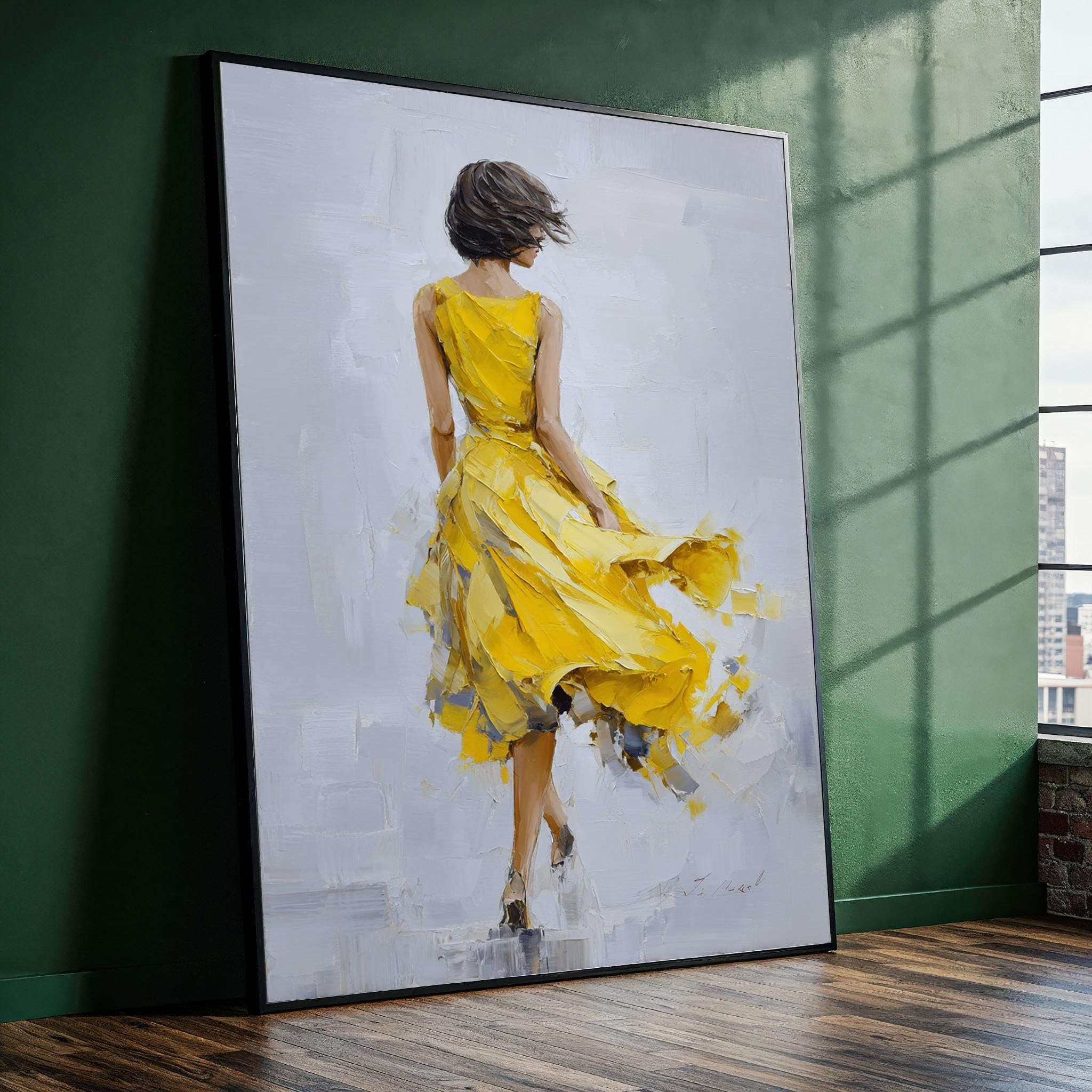 XINBAO Woman in Yellow Dress Canvas Wall Art - Art Canvas - Painting - Minimalist Home Decor Contemporary Illustration Painting(50x75cm/Frameless)