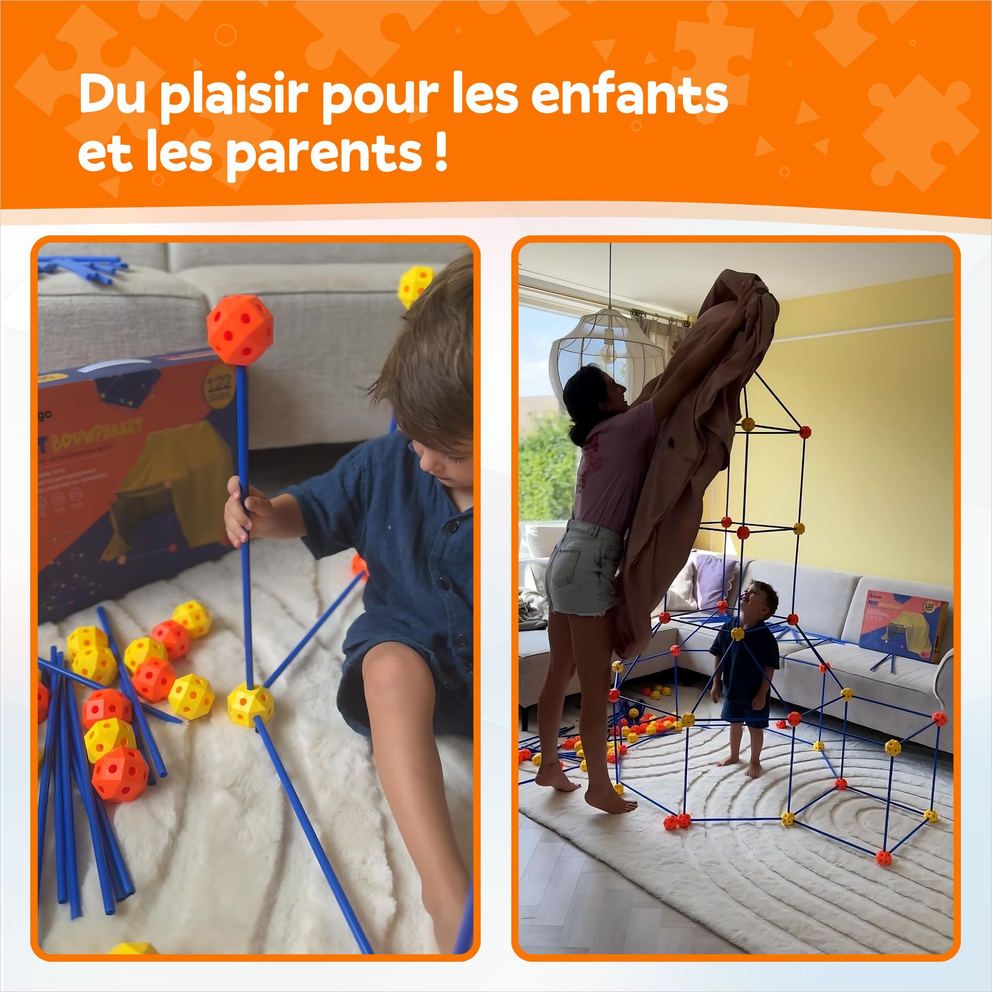 Kit Construction Cabane Enfant XL, 122 Pièces avec 76 Tiges & 46 Boules, Jouet STEM Créatif, Construire Fort, Tente & Château, Indoor & Outdoor, Sac de Rangement & E-Book Inclus