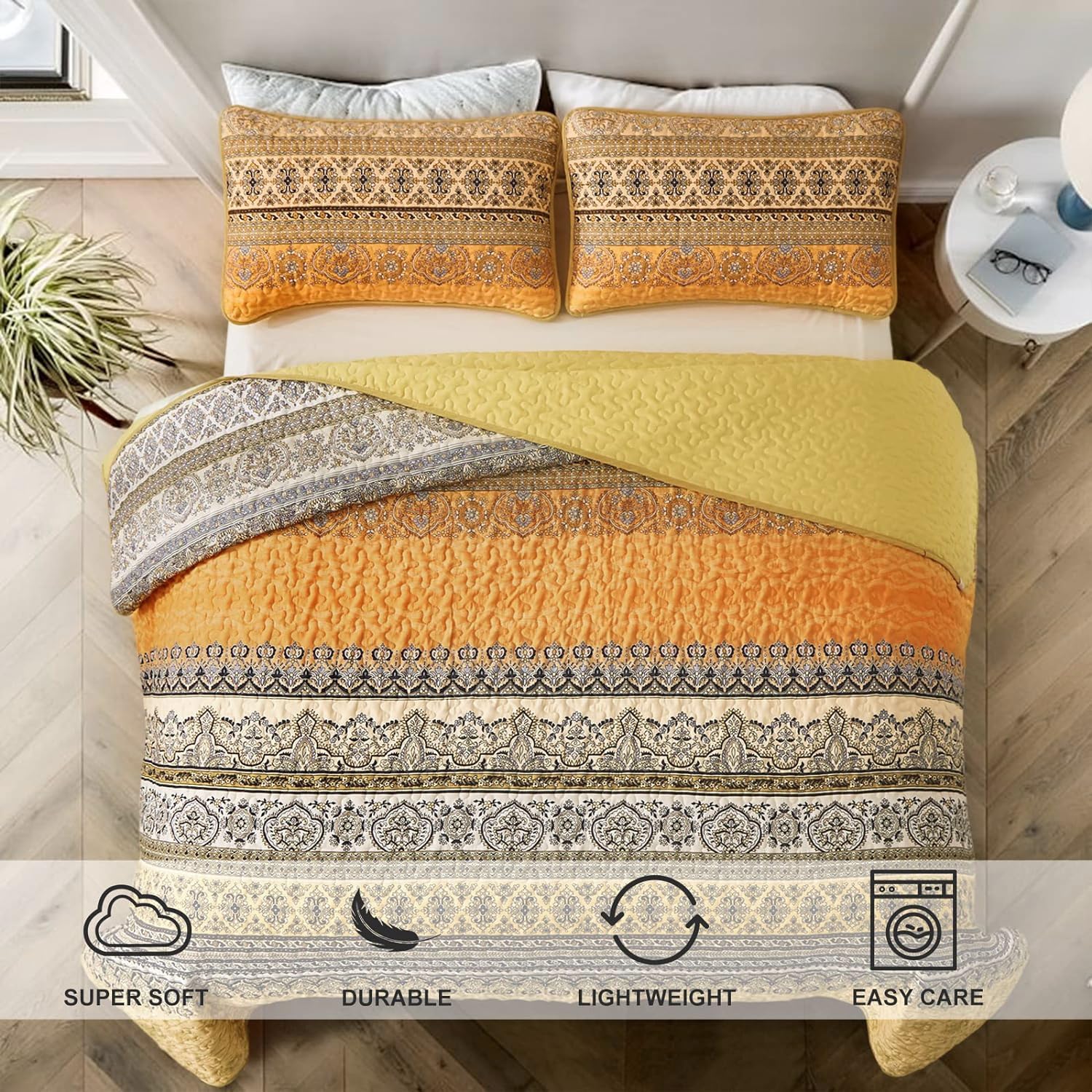 WONGS BEDDING Żółto-pomarańczowa kołdra boho w rozmiarze king size, lekka kołdra z mikrofibry, dekoracja łóżka na każdą porę roku, 260 x 229 cm (3 sztuki)