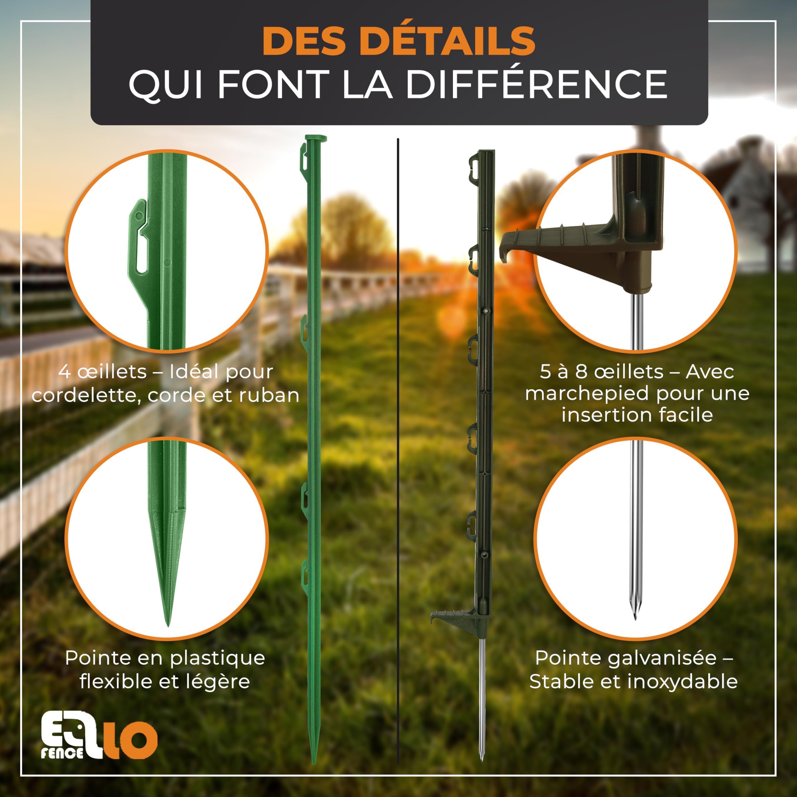Piquet de clôture électrique avec pointe galvanisée (25x) – Piquet robuste avec repose-pied et 8 œillets pour fil, corde et ruban – Poteau stable pour pâturage