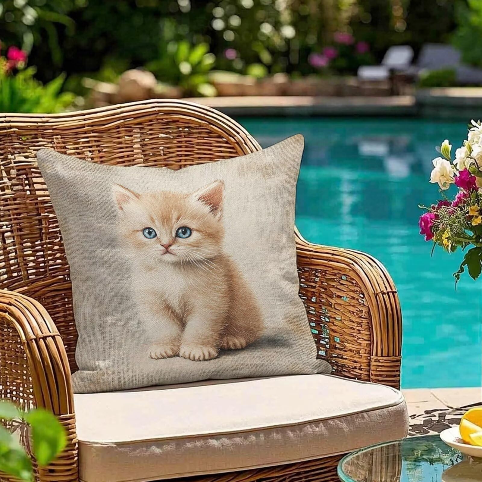 Housse coussin décoratif brun chat 80x80, taie d'oreiller imperméable pour balcon extérieur