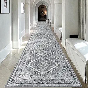 KUTA Extra Long Runner Rug for Hallway 2.6x18ft, Oriental Washable Kitchen Rugs, Grey Non-Slip Stair Runners Indoor Soft Printed Vintage Floral Medallion Carpet for Bedroom Living Room Nursery