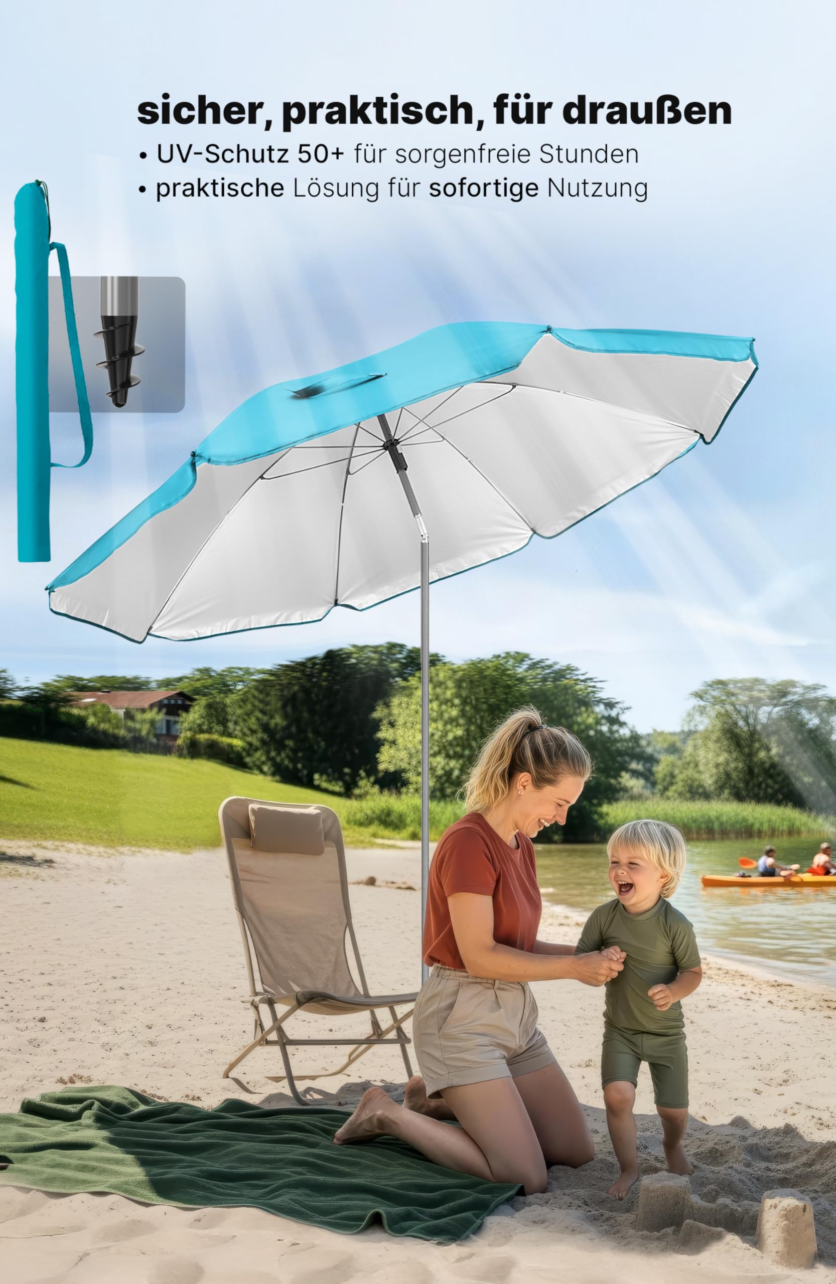 4smile Sonnenschirm Strand Ø 180 cm SunnyJoy, Türkis - UPF 50+ Strandschirm, sicherer Sonnenschutz Strand, Strandschirm windfest stabil - Sonnenschirm mit Schutzhülle