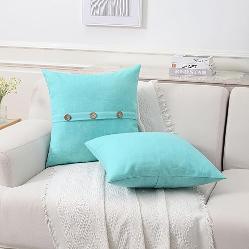 Miniatura 6 de Ikuoic Juego de 2 fundas de almohada decorativas de lino turquesa de 24 x 24 pulgadas, funda de cojín cuadrada europea con 3 botones