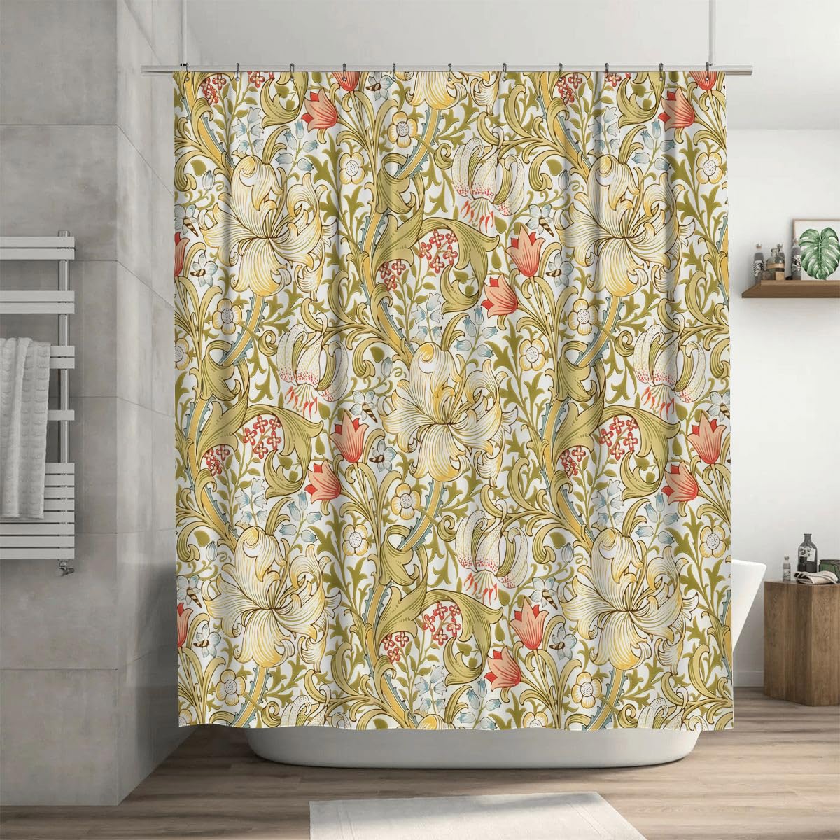 Ansouyi William Morris Shower Curtain Set with 12 Hooks, Bath Curtains Waterproof Polyester Fabric, Lily Art Nouveau Floral Home Bathroom Bathtubs